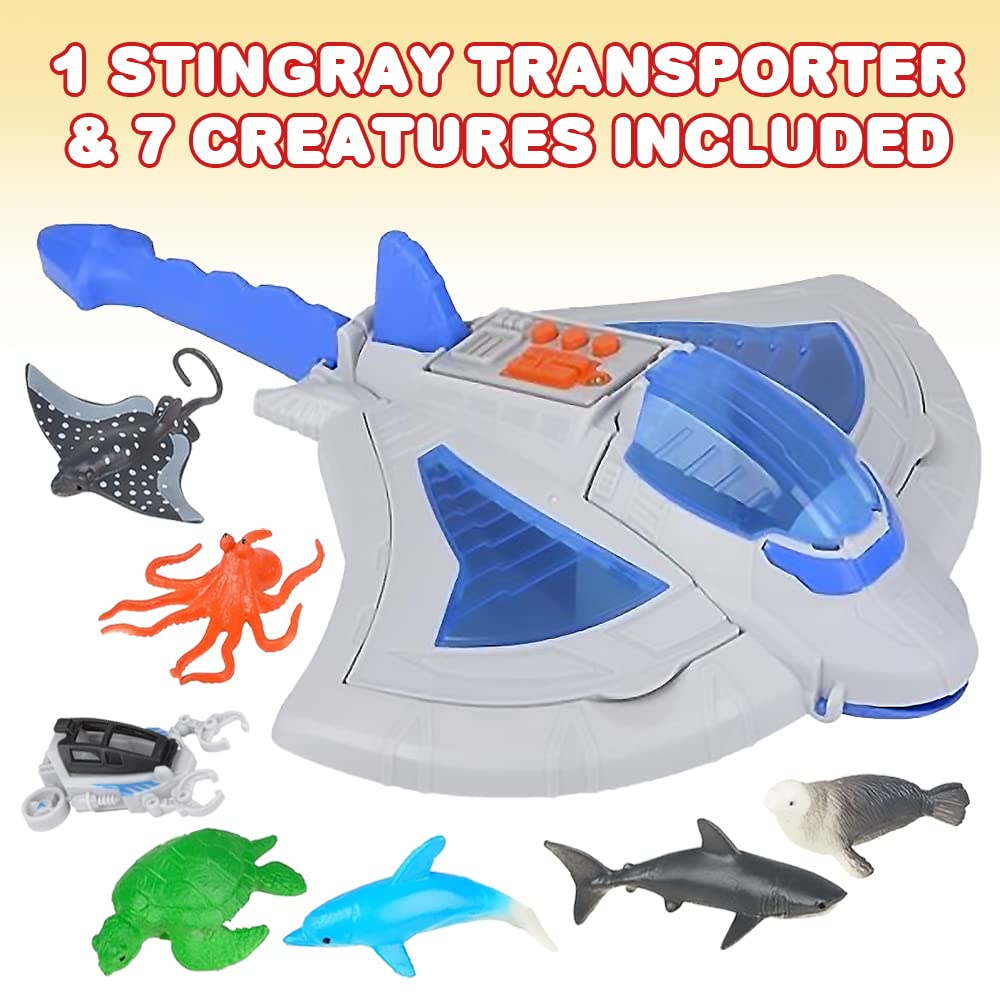 ArtCreativity Sting Ray Transporter Set with Sounds - 1 Stingray Toy & 7 Sea Creatures, Interactive Ocean Animal Toys for Kids, Underwater Party Supplies | Perfect for Birthday Gifts, Pool Playtime & Marine Education