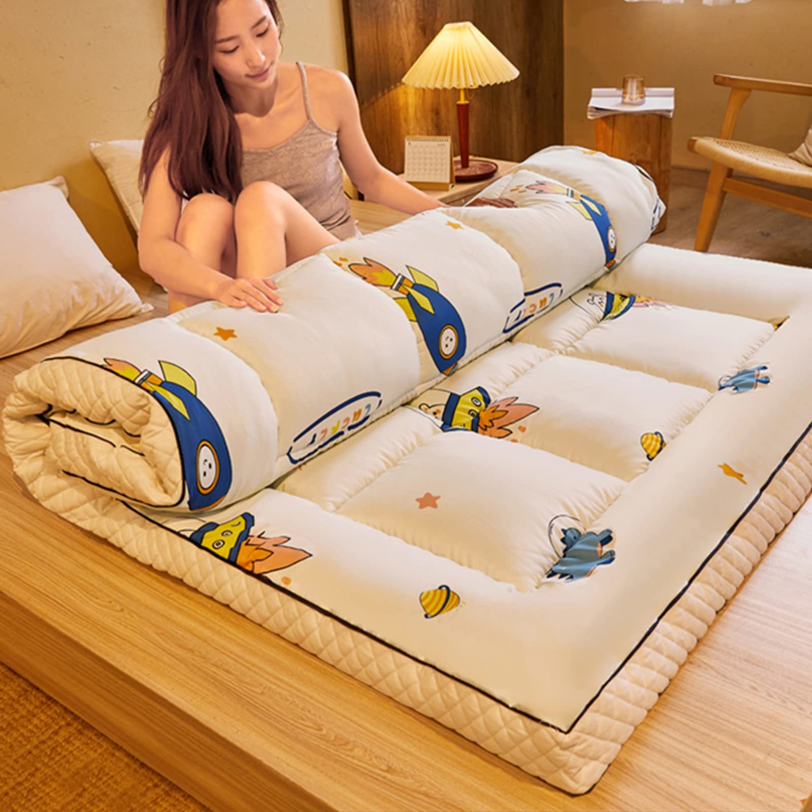 Japanese Futon Mattress - Thick Roll Up Winter Quilted Floor Mattress, Portable Folding Tatami Sleeping Pad for Camping, Guest Bed & Couch (180x200cm/71x79in, Beige) - Perfect for Small Spaces, Sleepovers & Outdoor Adventures