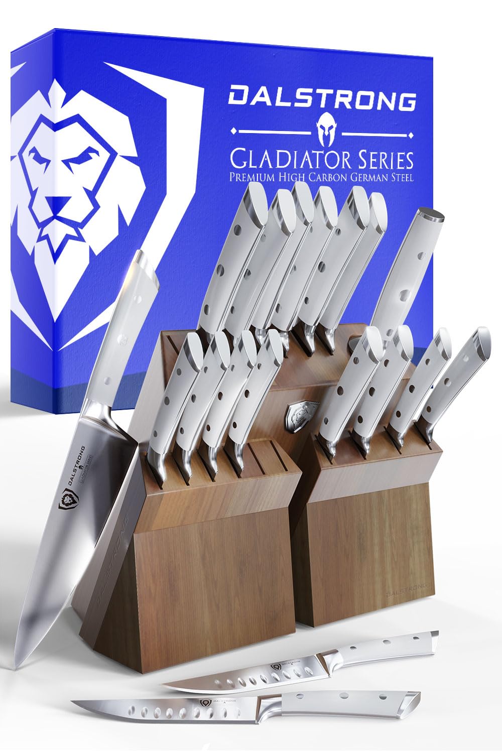 Dalstrong Gladiator Series Elite 18-Piece Stainless Steel Knife Set with Acacia Wood Block - High Carbon German Steel Knives with White Handles - NSF Certified - Perfect for Home Chefs, Cooking Enthusiasts & Valentine's Gift for Men - Ideal for Professional Kitchens, Holiday Cooking & Gourmet Meal Preparation