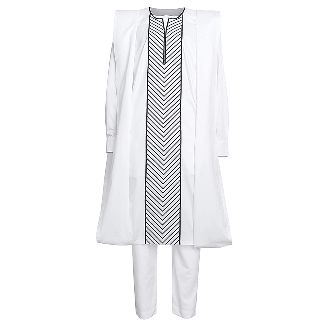 Men's African Agbada 3-Piece Outfit - Embroidered Black & White Dashiki Shirt & Pants Set for Eid Mubarak, Weddings & Special Occasions