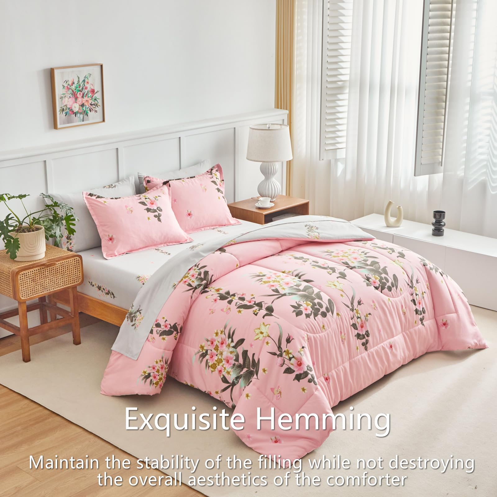 AIKASY 7-Piece Pink Queen Comforter Set with Sheets - Palm Tree Totem Print, Ultra Soft Down Alternative All Season Bedding | Perfect for Master Bedroom, Guest Room & Vacation Home Decor (Queen Size, Pink)