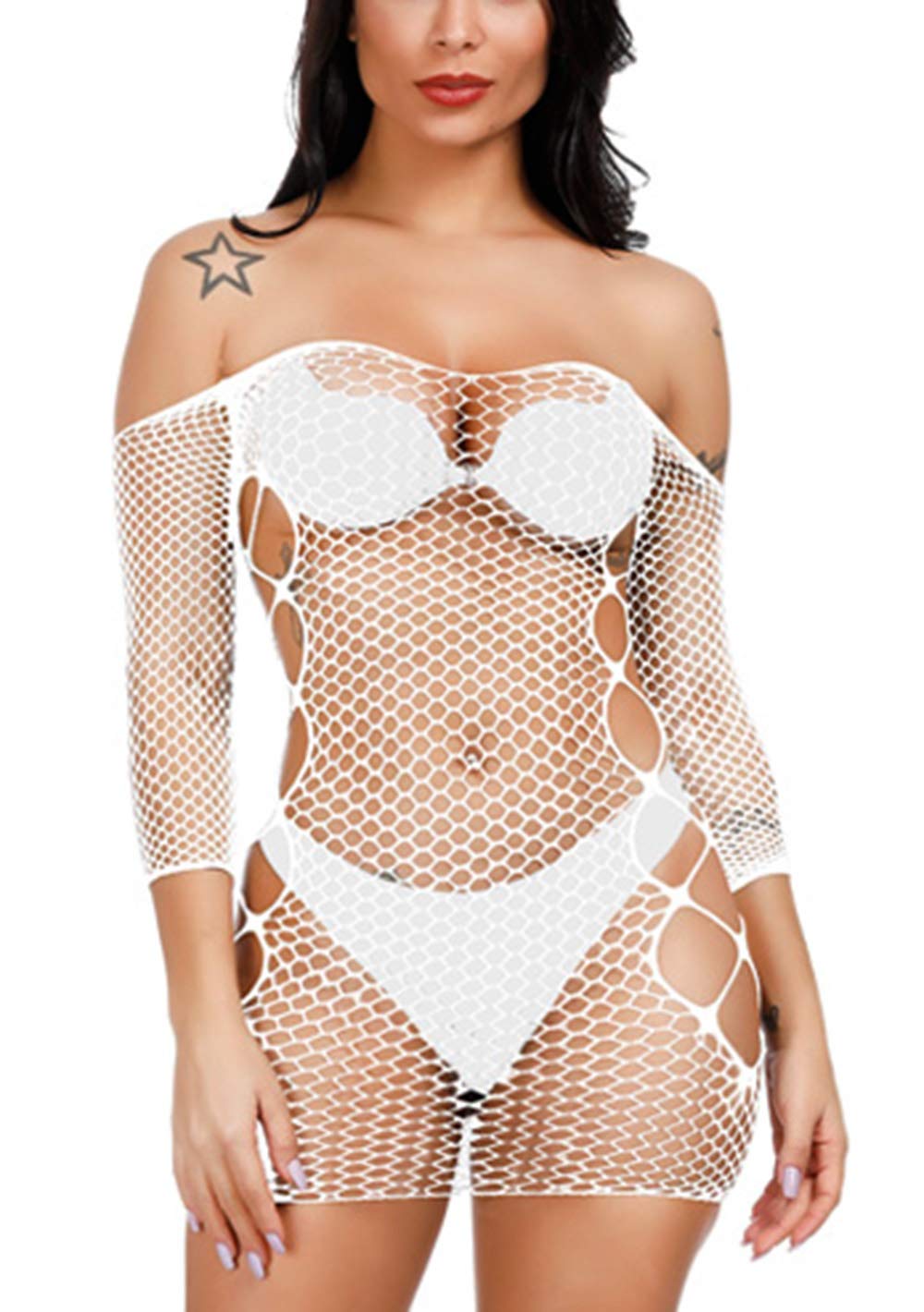 Sexy Women's Fishnet Lingerie Sleepwear - One Piece Babydoll V-Neck Mini Dress (One Size) for Bedroom, Boudoir & Romantic Nights