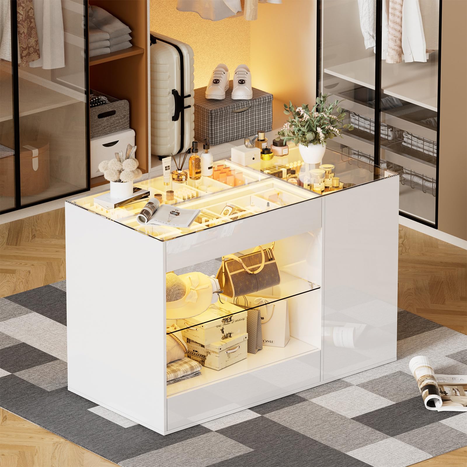 PAKASEPT Modern Closet Island with Drawers - Glossy White Wardrobe Armoire with LED Lights & Glass Tabletop - Bedroom Storage Organizer for Makeup, Jewelry & Clothes - Perfect for Dressing Rooms, Walk-in Closets & Bedroom Organization