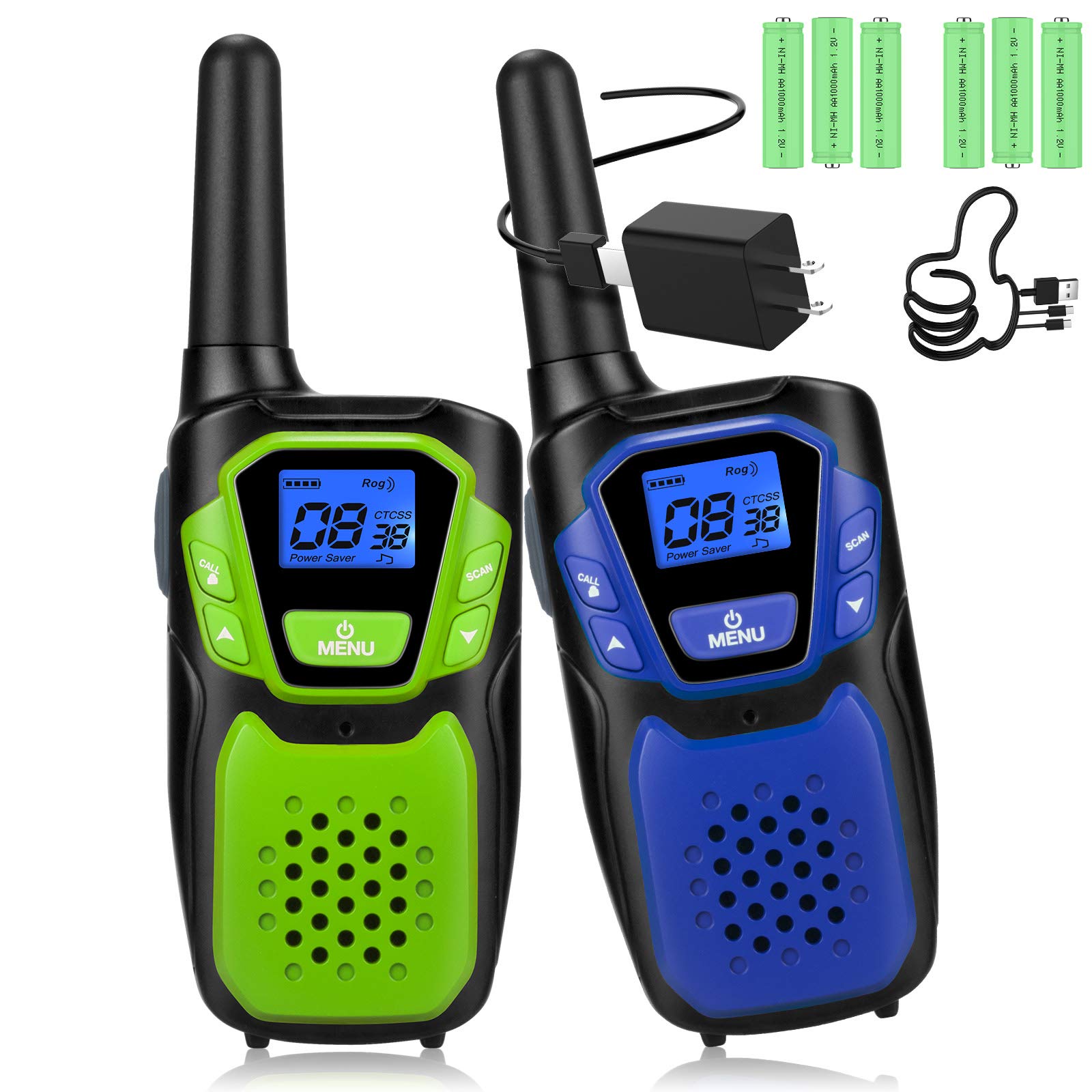 Rechargeable Long Range Walkie Talkies for Adults - 2 Pack Handheld Two Way Radios with NOAA Weather Channel, 6x1000MAH AA Batteries & USB Charger (Blue & Green) - Ideal for Hiking, Camping, Construction and Outdoor Adventures