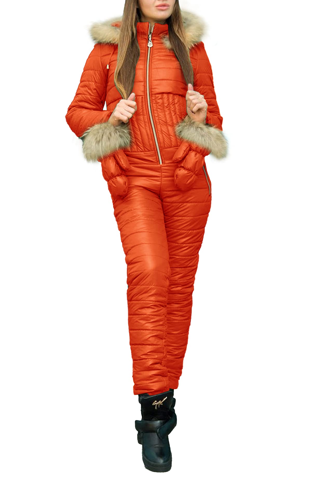 LAICIGO Women's Winter Ski Jumpsuit - Waterproof Hooded Onesie with Removable Fur Collar & Gloves for Skiing, Snowboarding & Outdoor Activities
