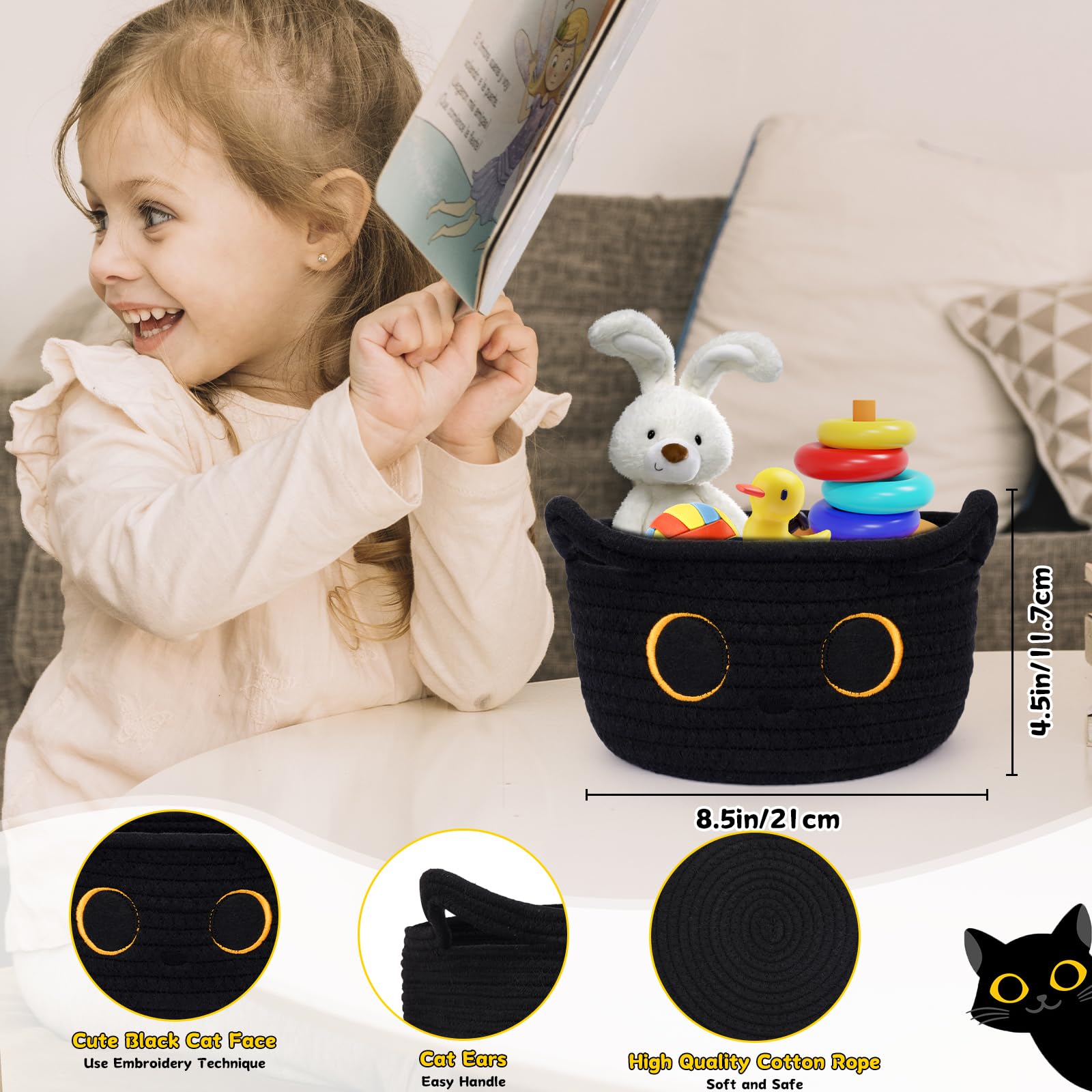 Black Cat Cotton Rope Storage Basket - 8.5×4.5 Inch Woven Nursery Organizer for Baby Blankets, Toys & Gifts | Perfect for Pet Lovers, Nursery Decor & Home Organization