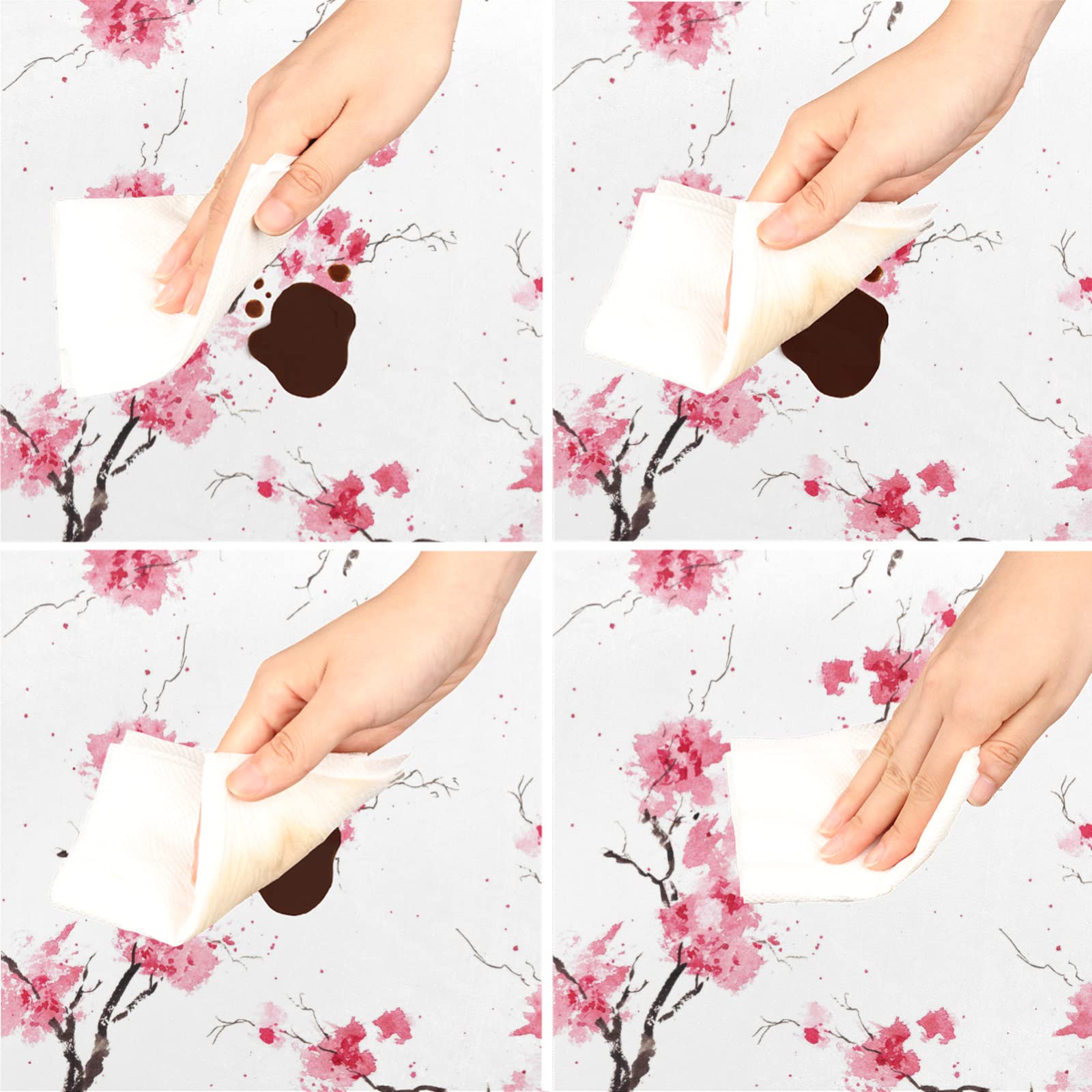 Japanese Cherry Blossom Elastic Edge Round Tablecloth - Floral Painting Wipeable Fitted Table Cover (45