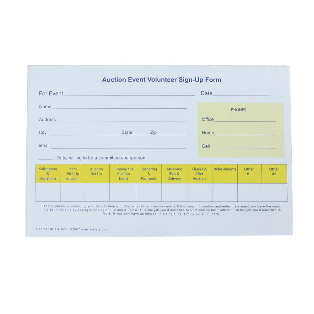 Single Part Auction Event Volunteer Sign Up Form (25/Pack) - Perfect for Charity Events, Fundraisers & Community Volunteer Programs
