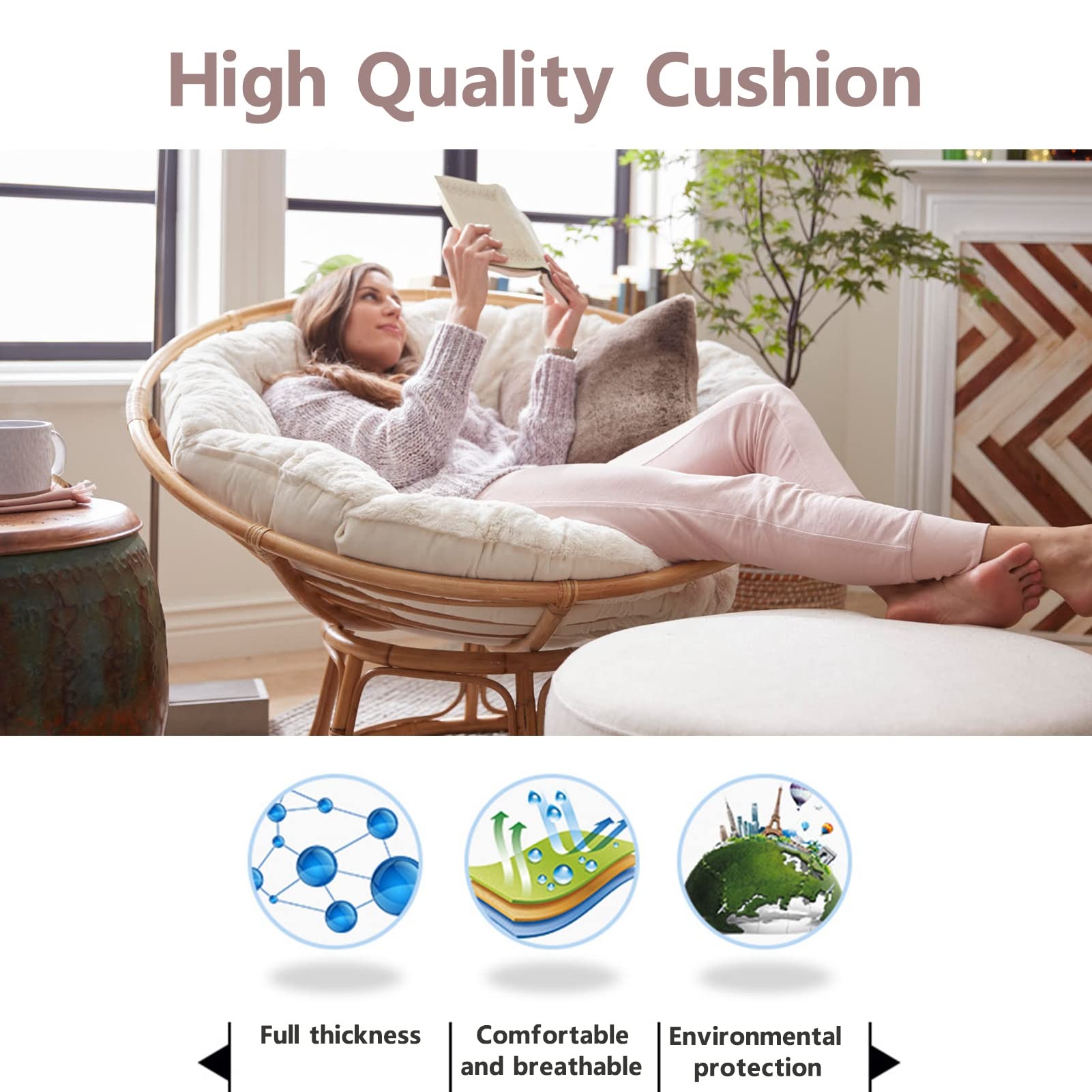 Soft Fluffy Papasan Chair Cushion - 130x130cm White Overstuffed Egg Shaped Hammock Swing Seat Pad for Indoor & Outdoor Use - Perfect for Home, Garden, Patio, and Relaxation