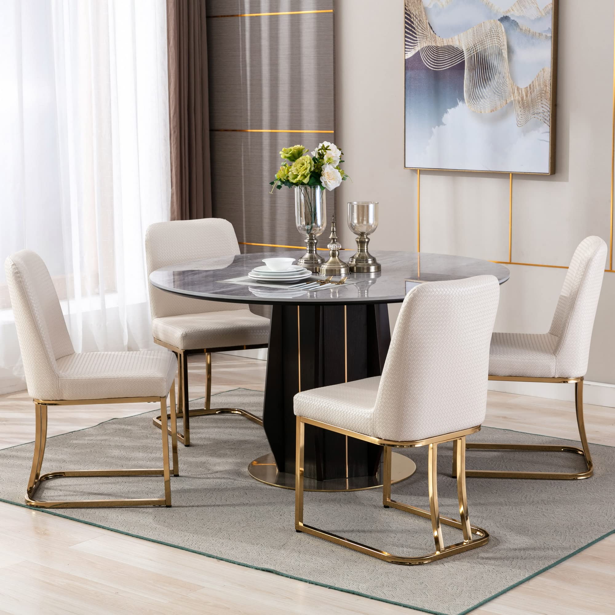 Wahson Set of 2 Faux Leather Dining Chairs with Woven Detail - Modern Upholstered Side Chairs with Golden Metal Frame in Beige - Perfect for Dining Room, Kitchen, Breakfast Nook & Home Office