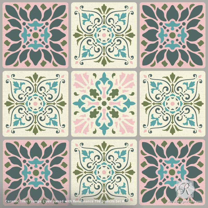 Ceramic Tile Stencils for Trompe L'oeil Painting - DIY Home Decor & Wall Art Design - Perfect for Bathroom, Kitchen Backsplash & Craft Projects