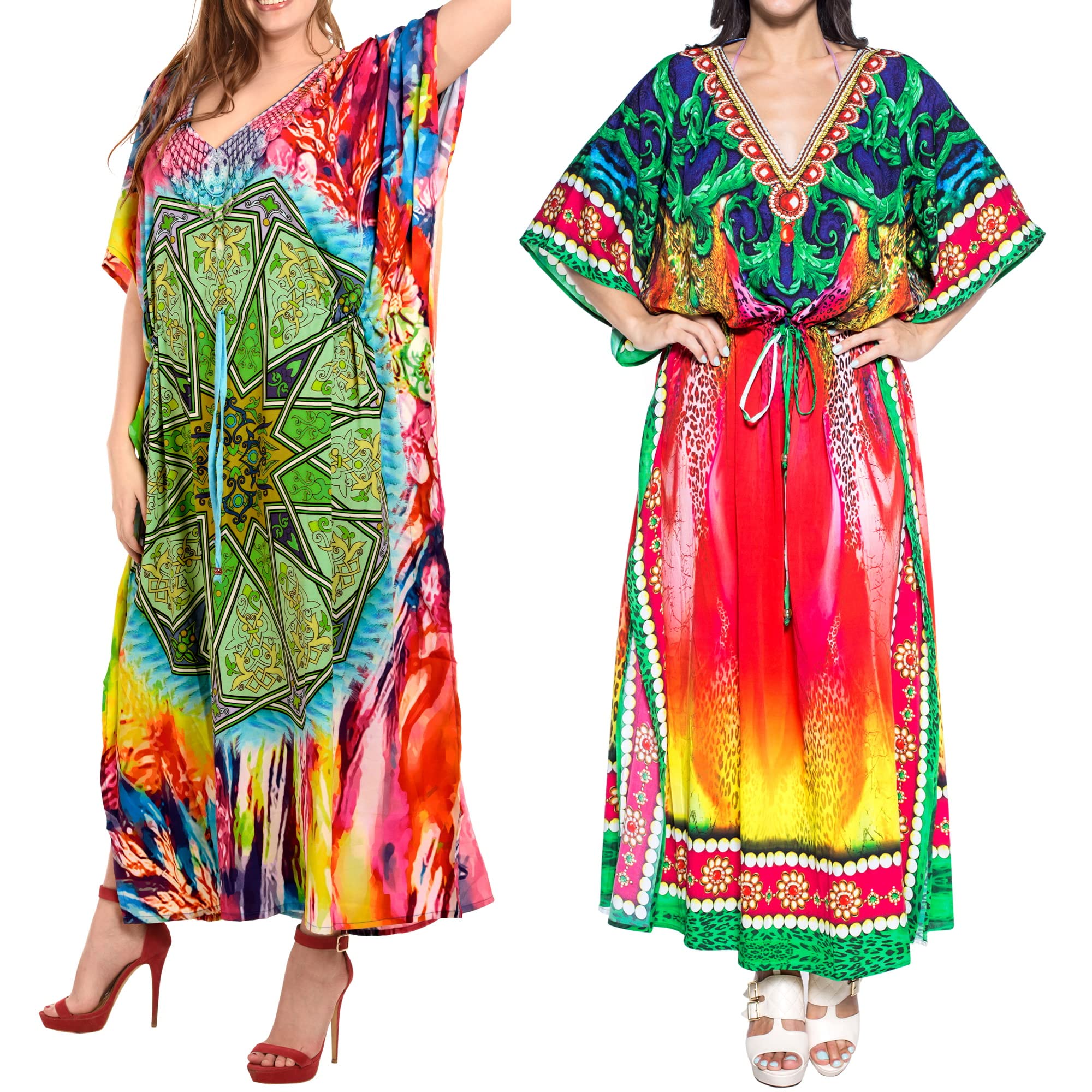 LA LEELA Women's Plus Size Loose Caftan Dress - 2X-3X Long Boho Maxi Nightgown & Muumuu in Green/Red - Perfect for Beach Cover-Up, Lounge Wear & Sleepwear