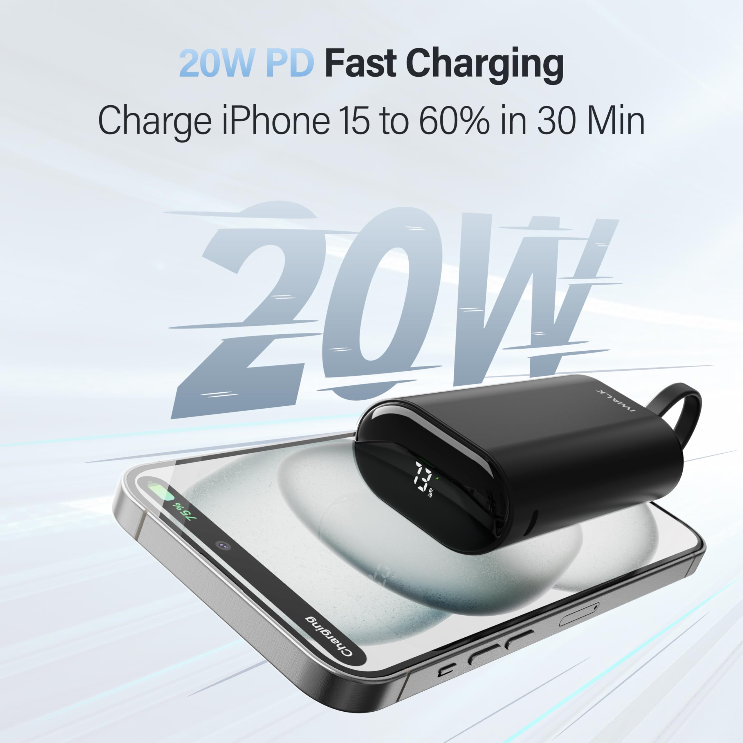 iWALK 9600mAh 20W PD Portable Charger with Built-in USB-C Cable - Fast Charging Power Bank for iPhone 15 Series, Samsung Galaxy, Android Phones, iPad Pro/Air & AirPods | Perfect for Travel, Camping & Emergency Power Backup