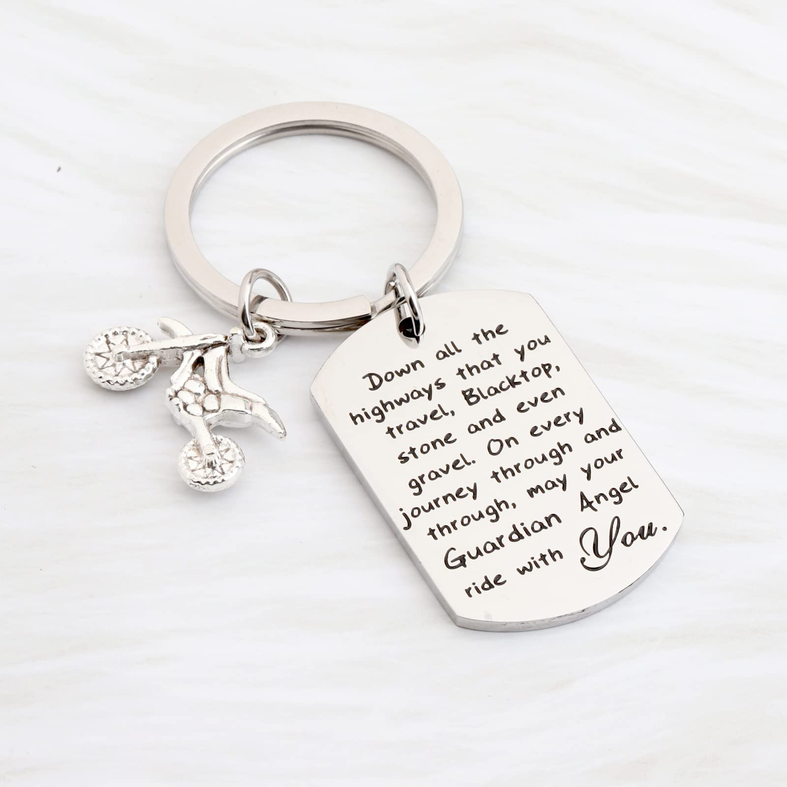 FUSTMW Motorcycle Keychain - Ride Safe Biker Gift with Guardian Angel Charm, Perfect for New Drivers & Motorcycle Enthusiasts - Ideal for Bike Keys, Gifts & Road Safety Awareness