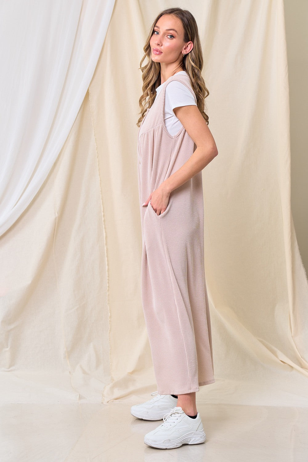 Beige Ribbed Sleeveless Button Front Jumpsuit for Women - Casual Summer Outfit, Beach Cover Up & Vacation Wear