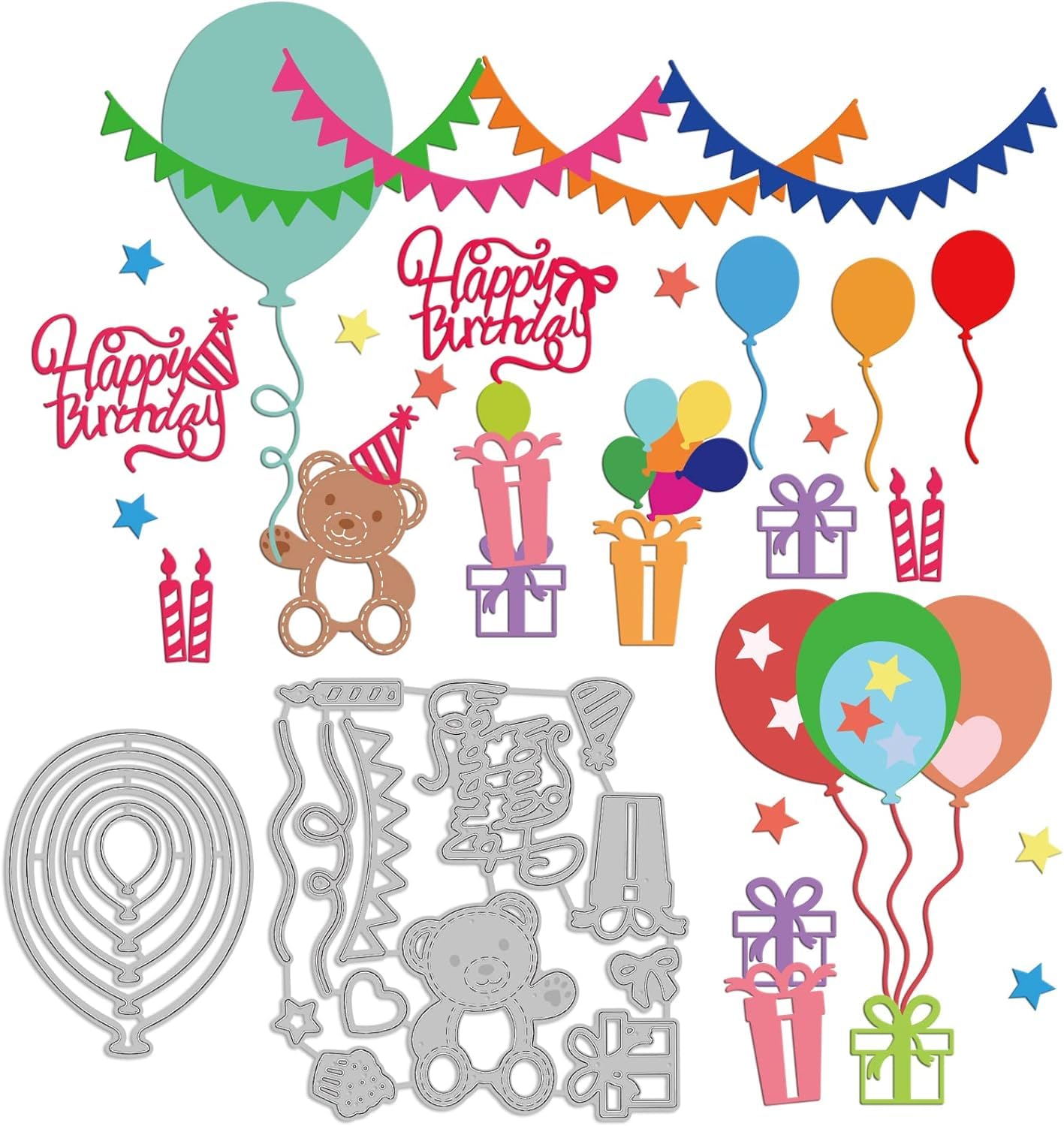 INFUNLY 19-Piece Balloon Metal Die Cuts Set - Happy Birthday Card Making, Cake Decorating, Scrapbooking & DIY Album Embellishments - Perfect for Party Invitations, Greeting Cards & Craft Projects