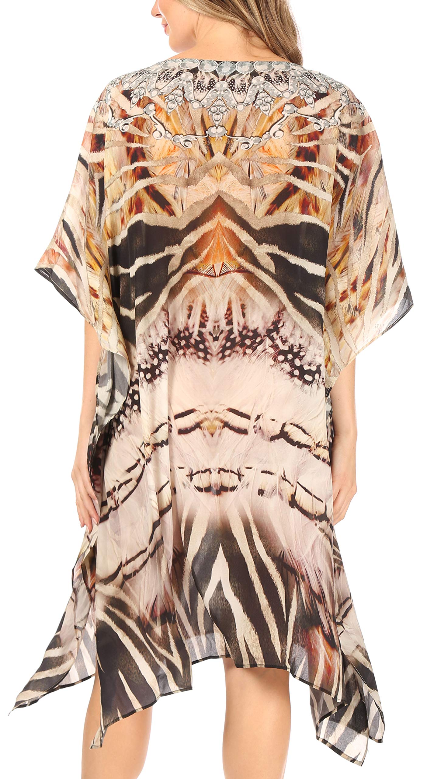 Sakkas Women's Lightweight Rhinestone V-Neck Printed Short Caftan Dress - Beach Cover Up, Pool Party, Summer Vacation Outfit