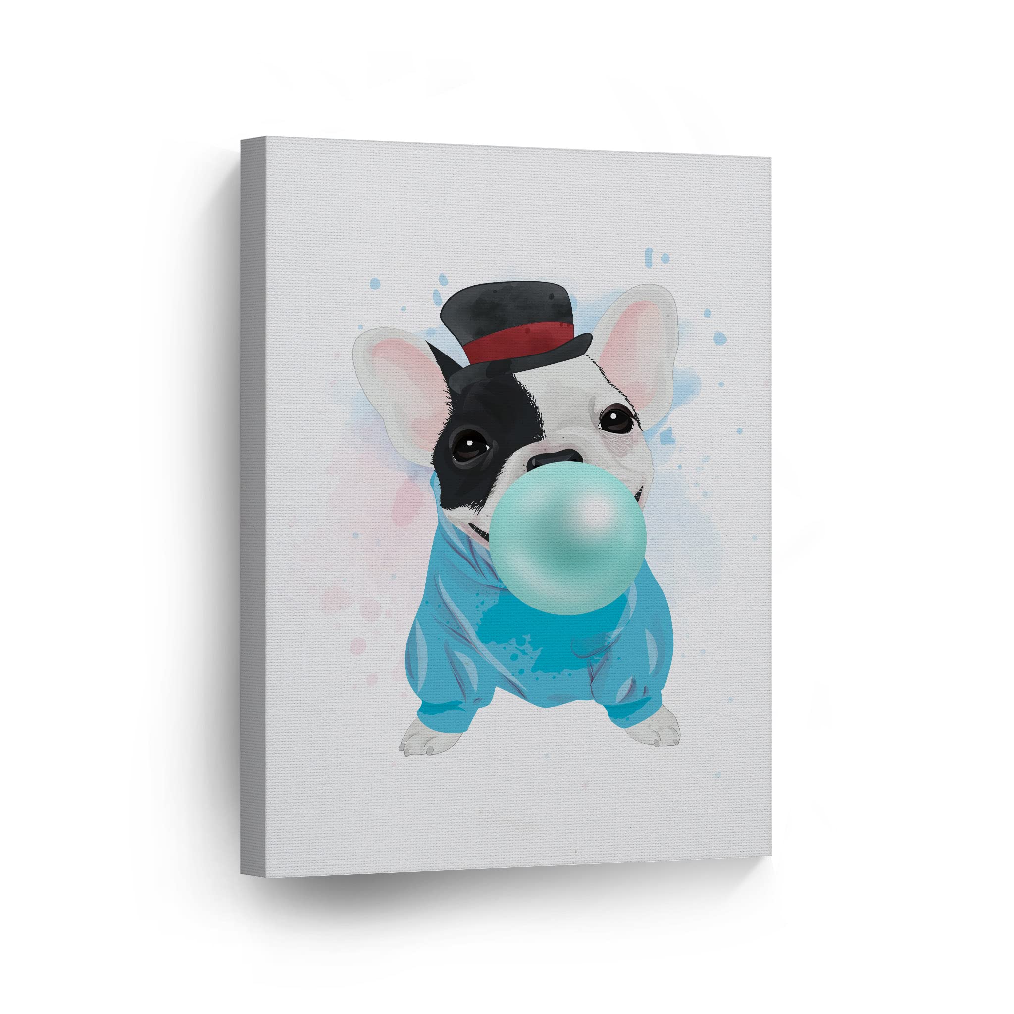 French Bulldog Portrait Sweatshirt & Hat Chewing Teal Blue Bubble Gum - Pet Lover Canvas Wall Art Print 12x8 - Perfect for Dog Themed Living Room, Bedroom, Nursery & Kids Room Decor