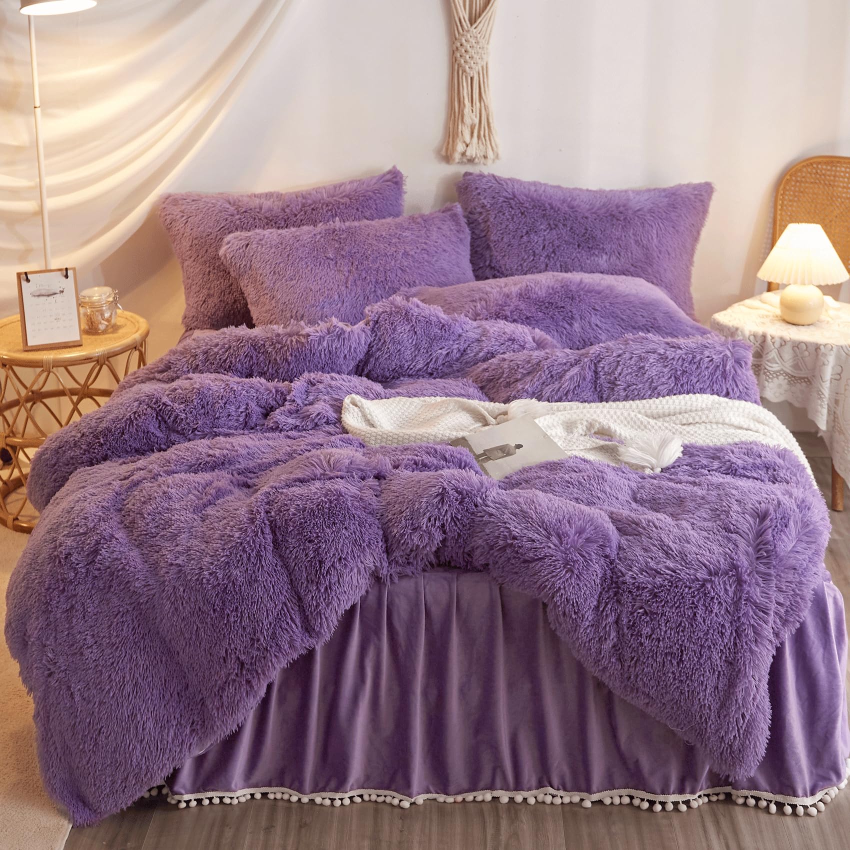 Soft Fluffy Purple Comforter Cover Set Queen Size - 3 Piece Plush Bedding Set (1 Faux Fur Duvet Cover + 2 Shaggy Pillowcases) - Cozy Winter Bedroom Decor for Girls & Women