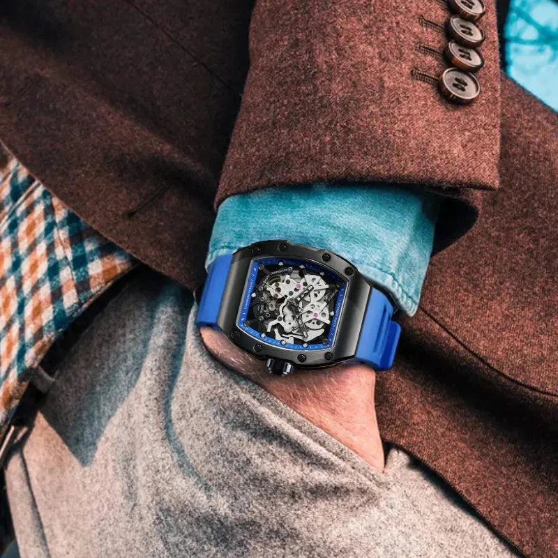 BONEST GATTI Men's Automatic Mechanical Watch - German Engine Tonneau Skeleton Design, Waterproof, Sapphire Glass, Luminous Hands, Fluororubber Strap - Perfect for Business, Formal Events & Luxury Gift Giving