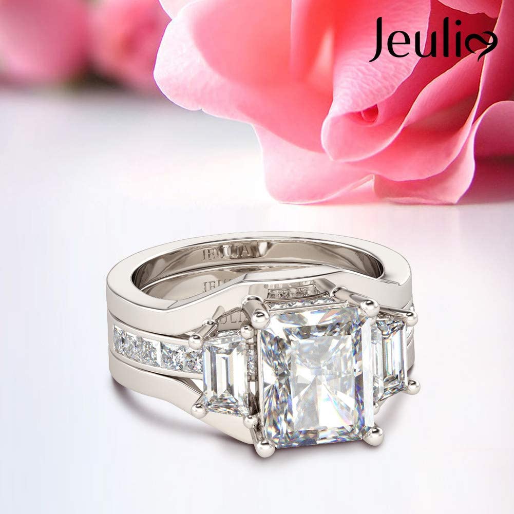 5 Carat Cubic Zirconia Three Stone Engagement Ring Set for Women - Sterling Silver Wedding Band with Side Stones, Interchangeable Bridal Promise Rings - Perfect for Proposals, Anniversaries & Special Occasions (Includes Jewelry Gift Box)