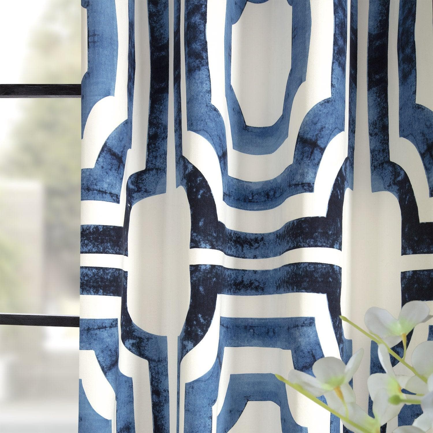 Mecca Blue Geometric Grommet Printed Cotton Blackout Curtains for Living Room & Bedroom - Modern Window Treatment for Light Blocking & Privacy
