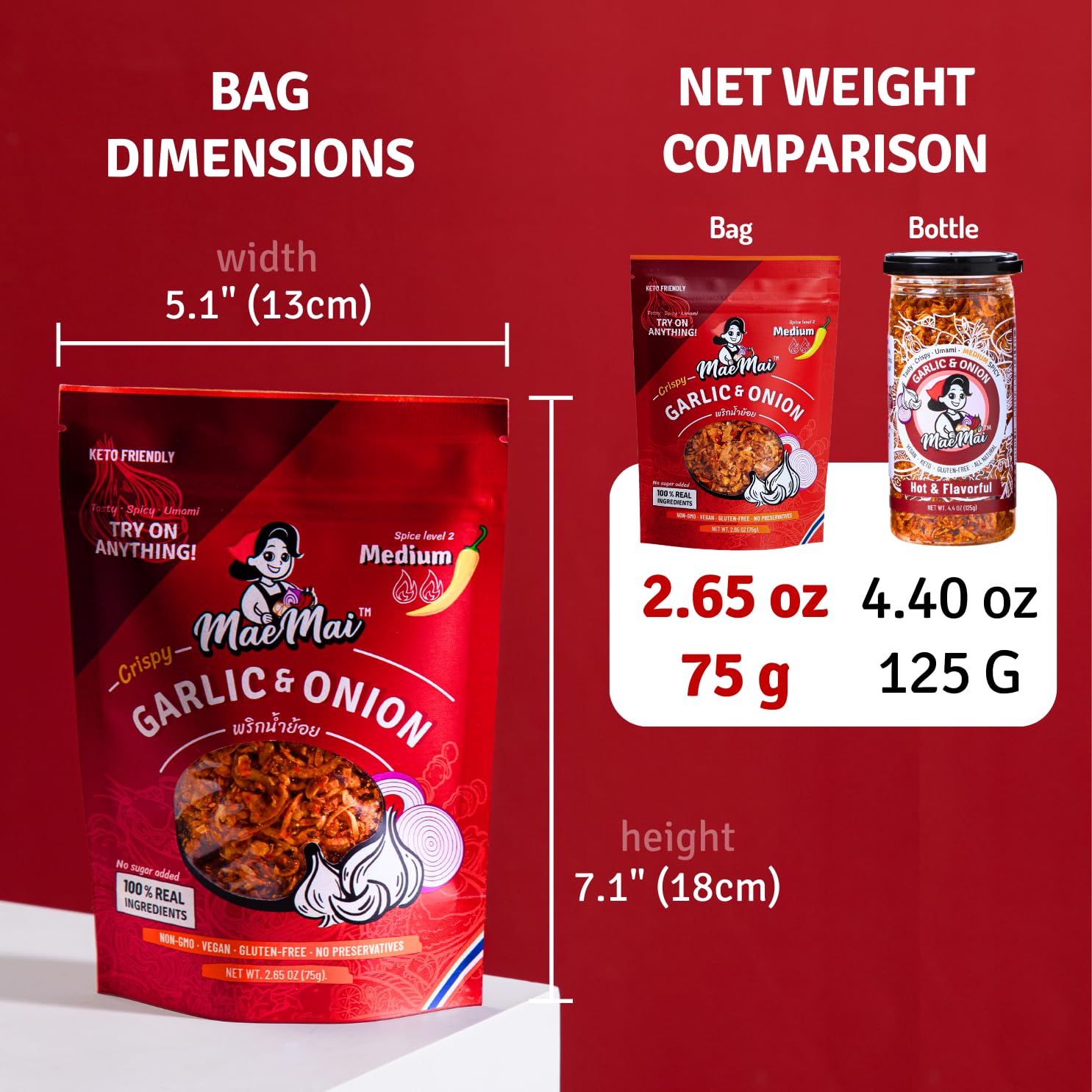 MaeMai Medium Spicy Crispy Onions & Garlic Flakes - Crunchy All-Purpose Seasoning for Keto, Salads, Ramen, Rice | Vegan, Gluten-Free, Low Carb Topping | Perfect for Stir-Fry, Pasta & Snacks | 2.65oz (75g)