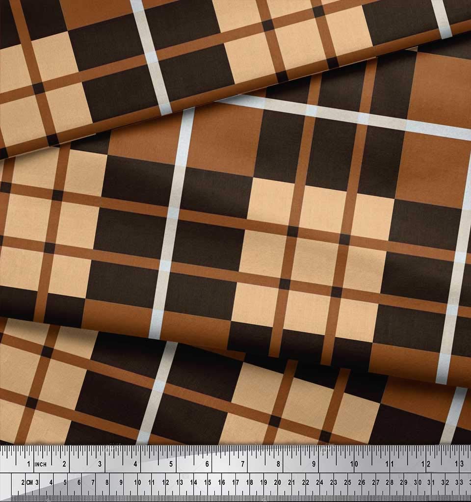 Soimoi Velvet Brown Fabric by The Yard - 58 Inch Wide Window Pane Check Pattern - Timeless Printed Fabric for Curtains, Drapes, Home Decor & DIY Sewing Projects