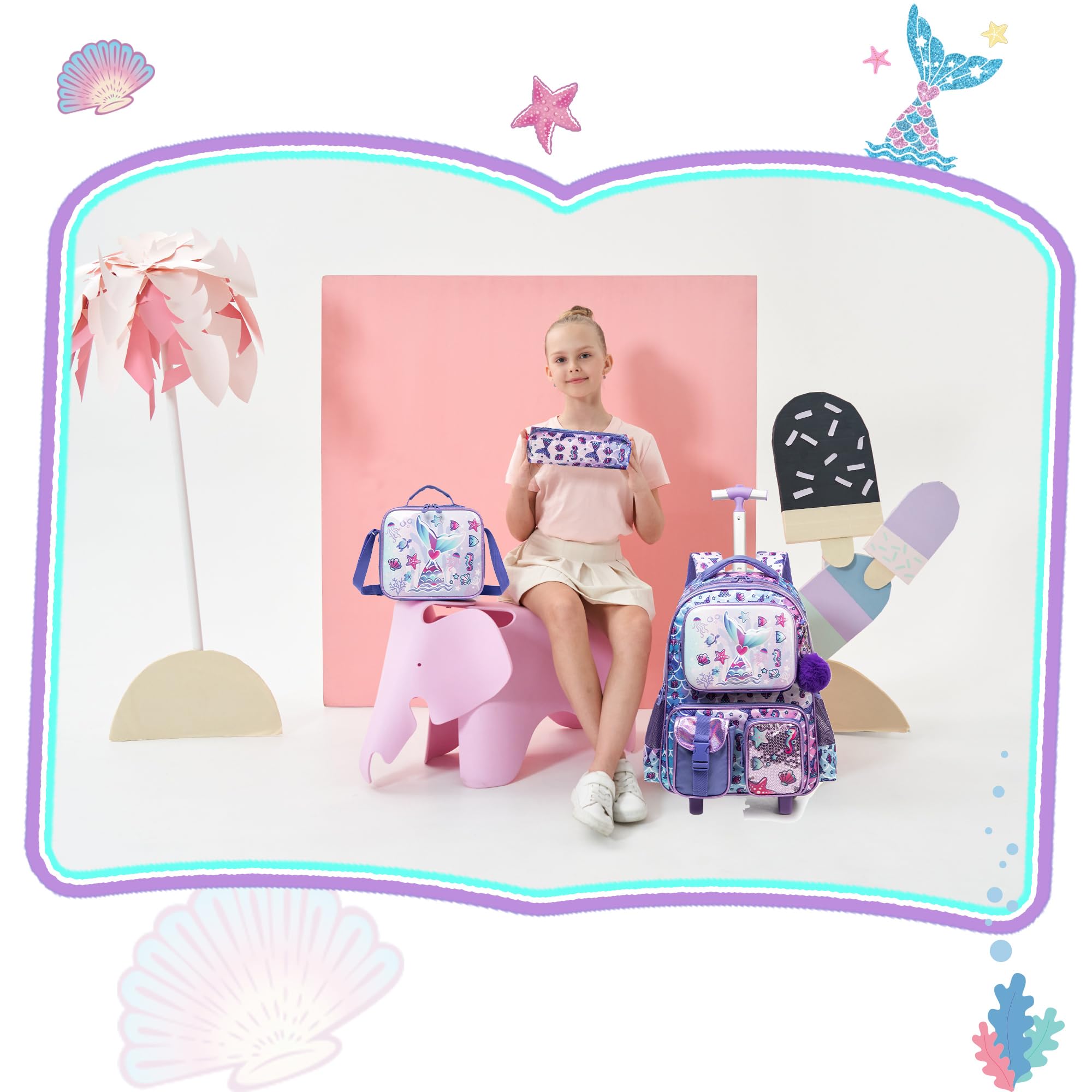 Meetbelify Mermaid Rolling Backpack for Girls - 3-in-1 Wheeled School Backpack with Lunch Box, Kids Travel Luggage Suitcase for Elementary Students Ages 8-10 | Perfect for School, Travel & Daily Use