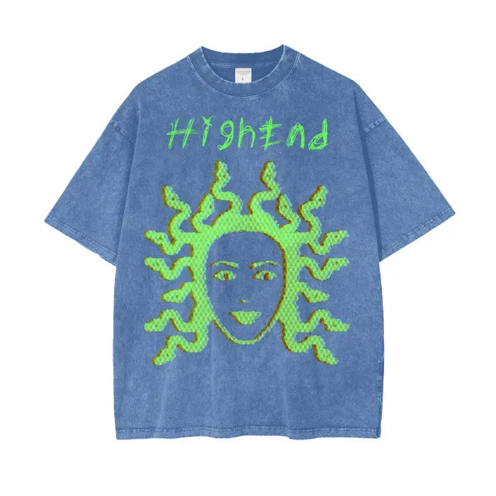 Premium Blue Acid Wash Oversized T-Shirt with Embroidery Style Print - 250 GSM Heavyweight Cotton - Trendy Streetwear for Men & Women - Perfect for Casual Outfits, Parties, and Everyday Wear