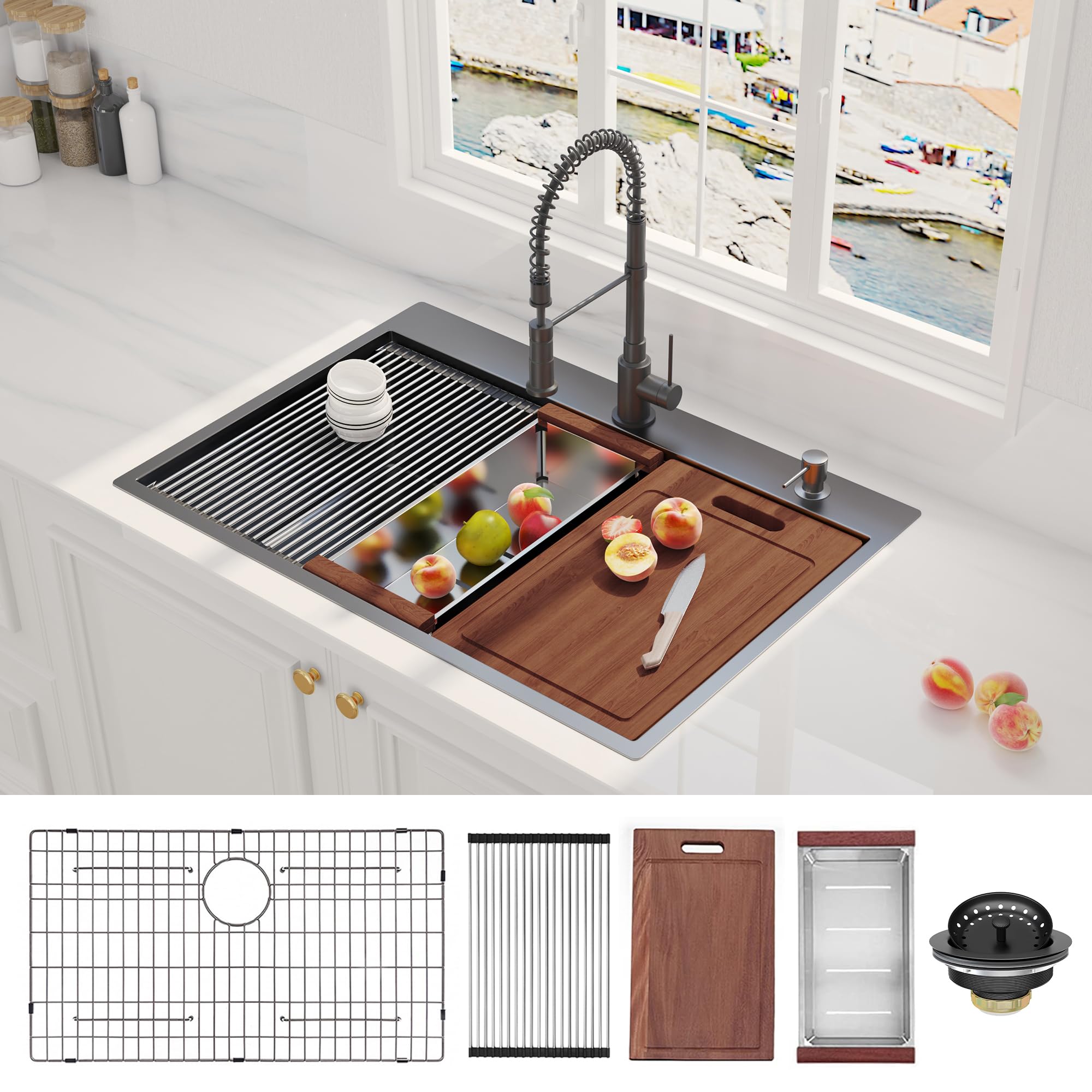 33 Inch Gunmetal Black Drop-in Kitchen Sink - 16 Gauge Stainless Steel Topmount Workstation Sink by HausinLuck - 10 Inch Deep Single Bowl with Ledge & Accessories (5-Pack) - Perfect for Modern Kitchens, Restaurants & Commercial Use