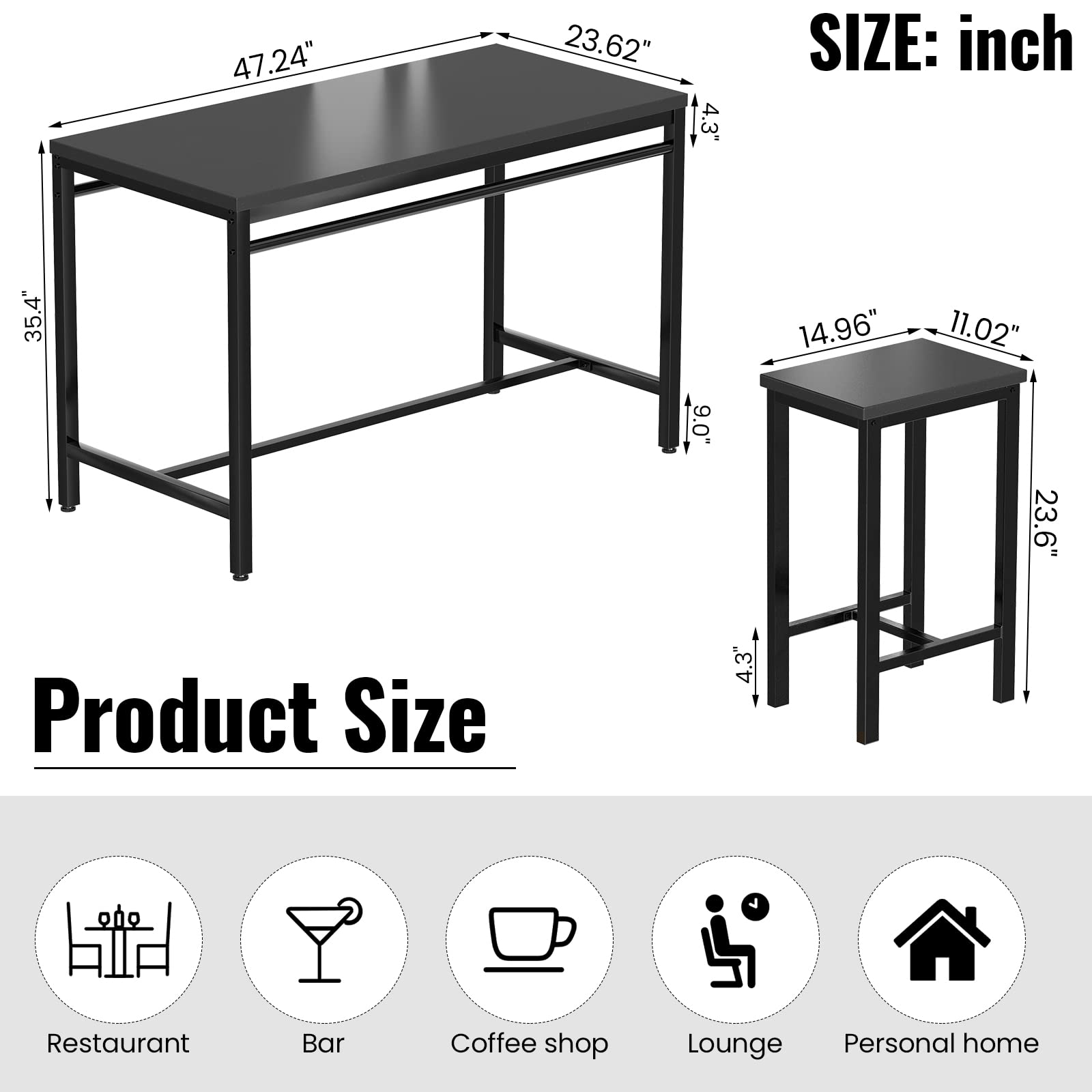 Modern 5-Piece Counter Height Dining Bar Table Set for 4 - Black Bar Table & 4 Stools for Small Spaces, Apartments, Pubs, Kitchen & Dining Room - Perfect for Entertaining, Breakfast Nooks & Compact Living Areas