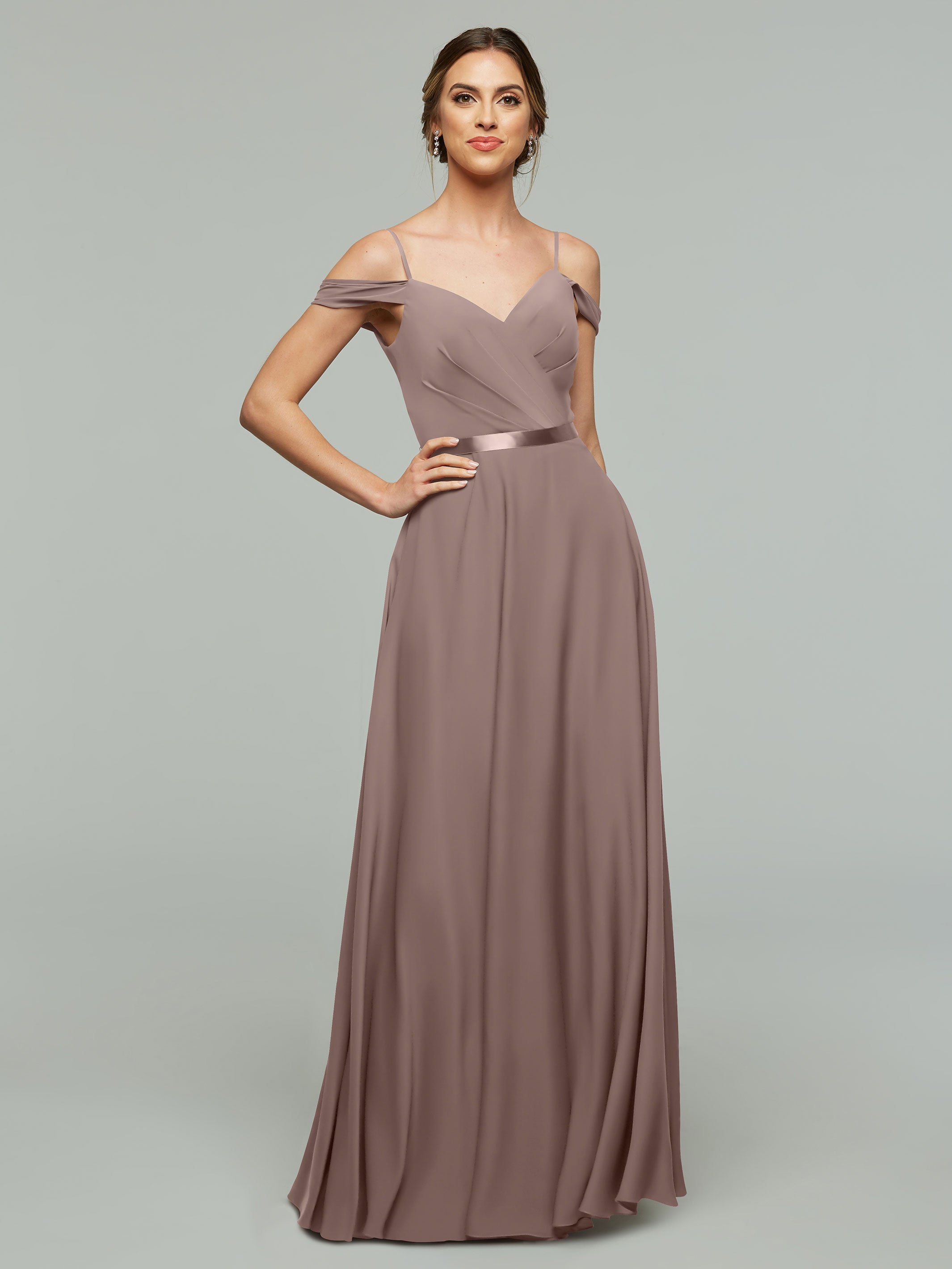 Elegant Off-The-Shoulder Stretch Chiffon A-Line Bridesmaid Dress with Sash - Perfect for Weddings, Formal Events & Special Occasions