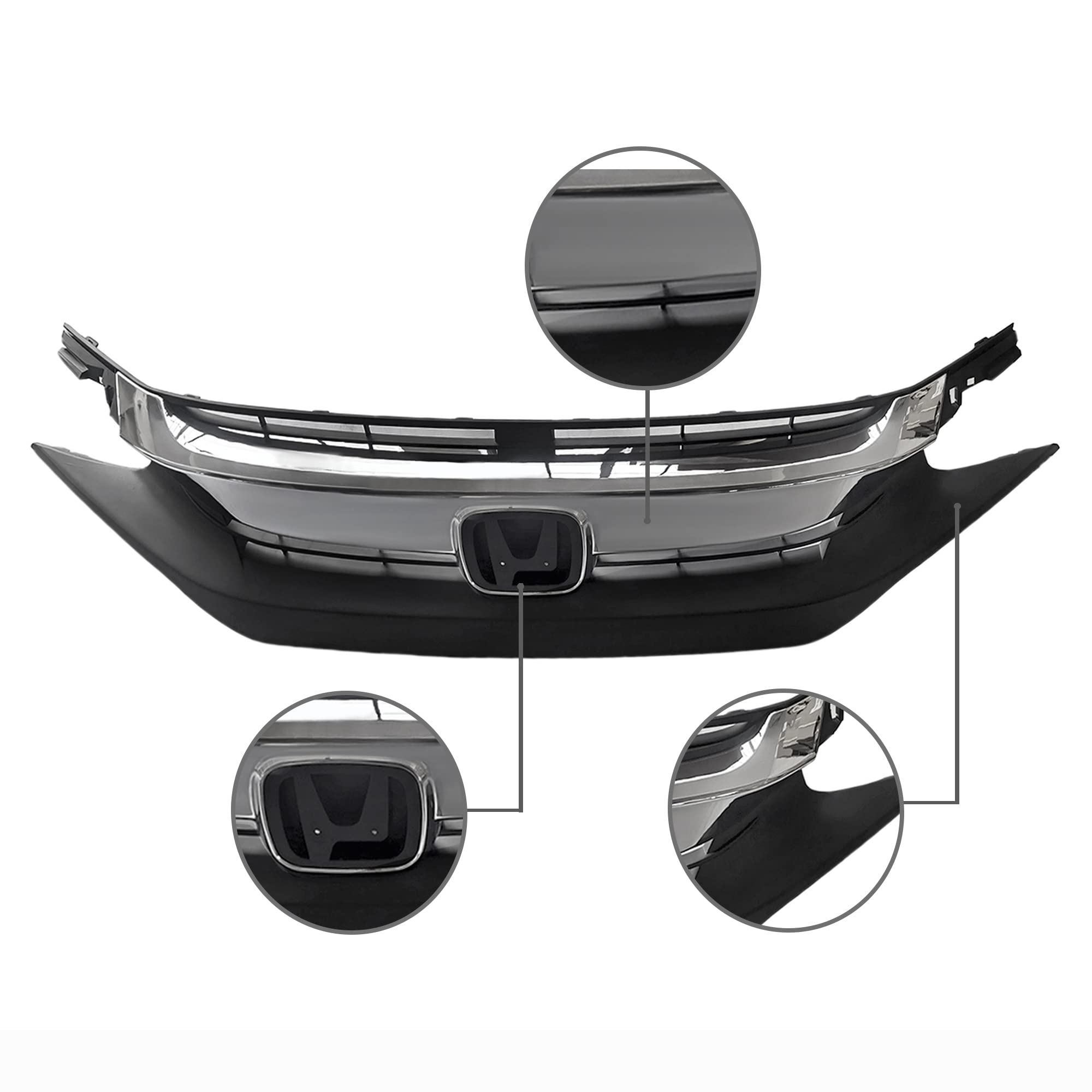 PartsFlow Front Bumper Grille Black With Chrome Trim for 2016-2018 Honda Civic Sedan/Coupe (Model HO1213117) - Perfect Fit Replacement & Style Upgrade for Daily Driving & Car Shows
