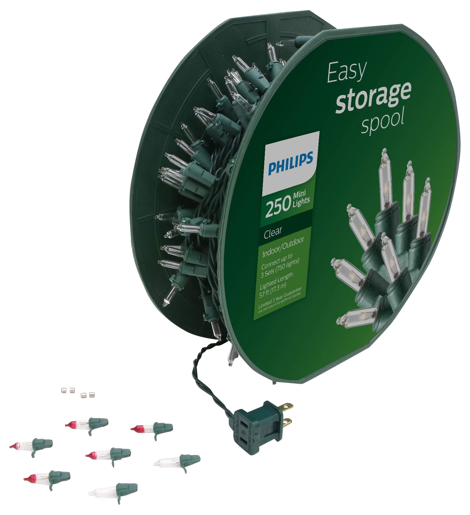 Philips 250-Count Clear Mini Christmas Lights - 59.33ft Green Wire with Storage Spool | Indoor/Outdoor UL Listed | 2.75in Bulb Spacing - Perfect for Christmas Trees, Holiday Decorations & Outdoor Lighting