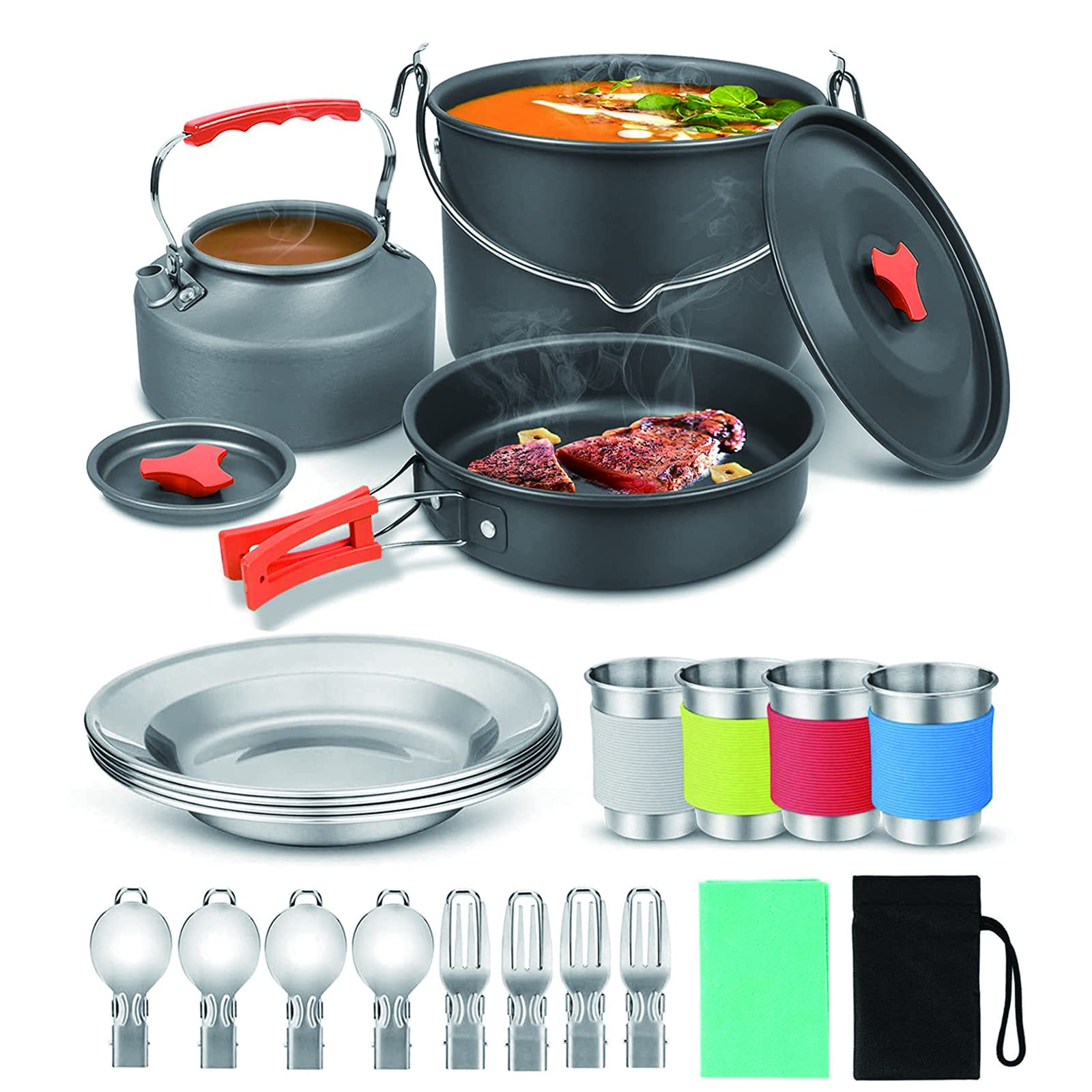 Portable Stainless Steel Camping Cookware Set with Kettle for 3-4 People - Outdoor Cooking Kit for Camping, Hiking, Picnics & Backpacking | Durable & Lightweight for Easy Outdoor Meals