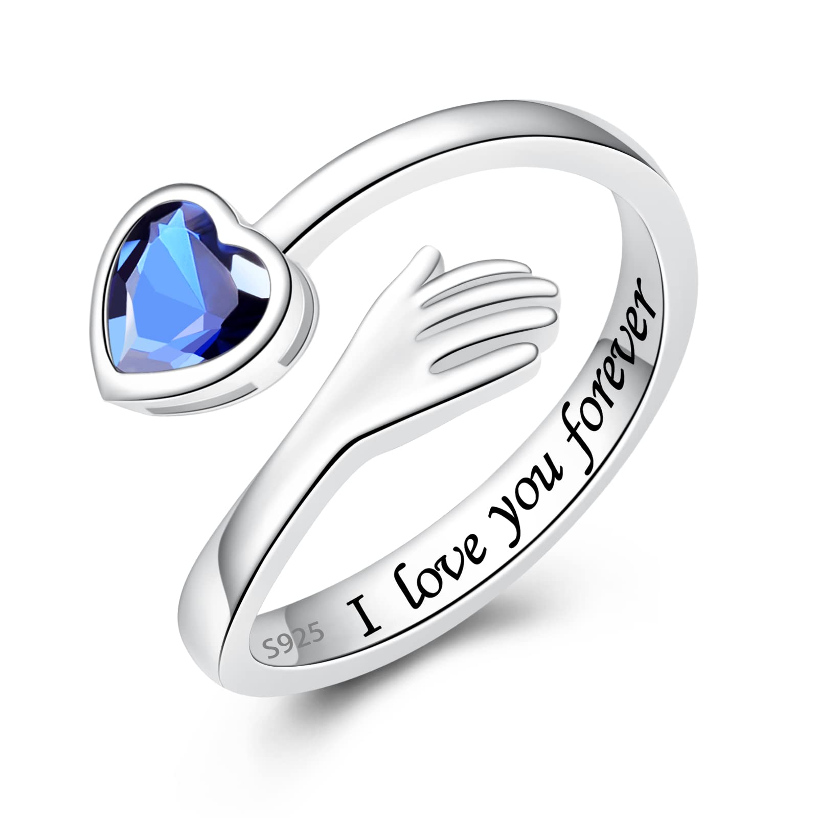 925 Sterling Silver Hug Ring for Women & Teen Girls - Adjustable I Love You Ring with 12 Birthstones & CZ - Perfect Mothers Day, Birthday, Holiday Gift for Her - Great for Everyday Wear, Anniversaries & Special Occasions