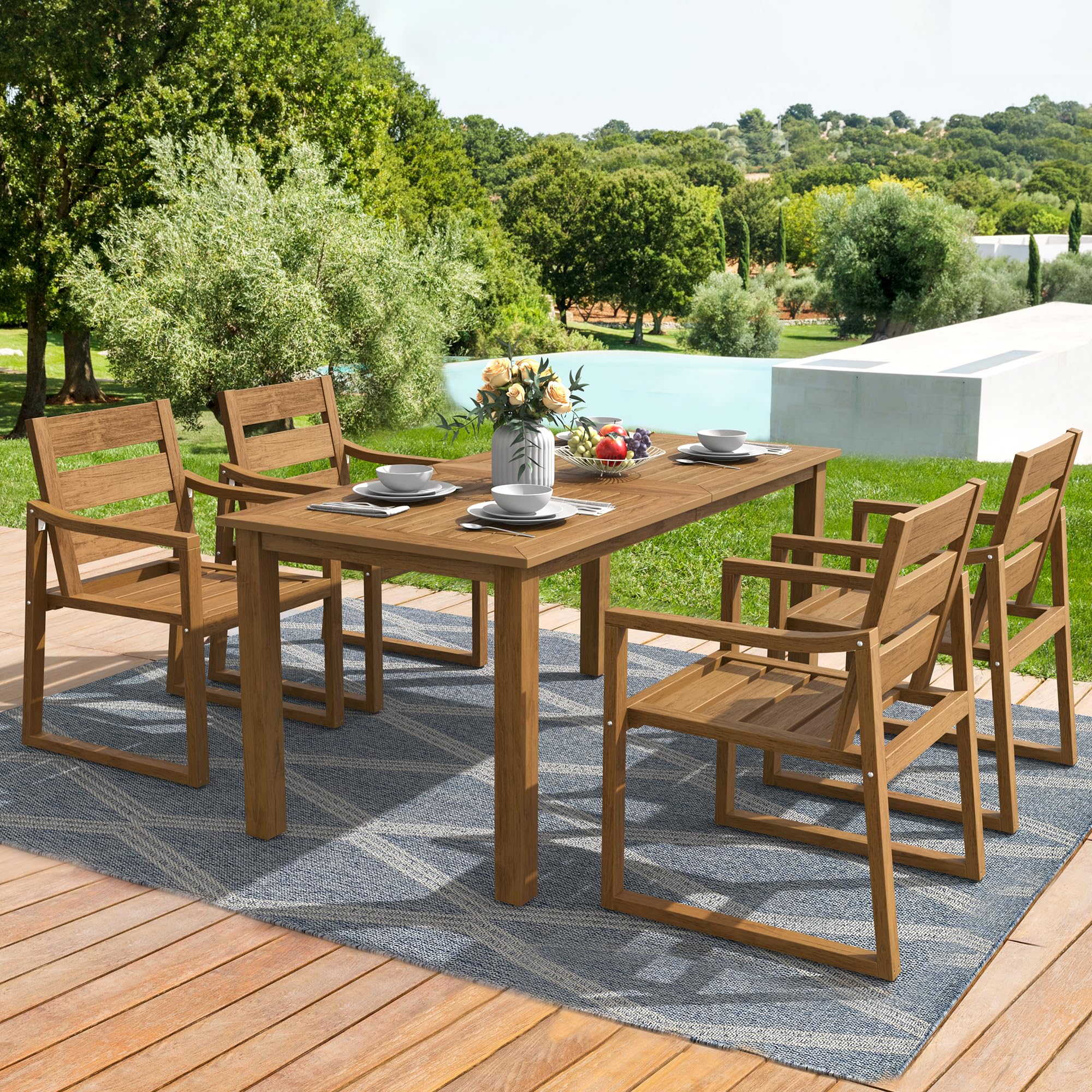 5-Piece Patio Dining Set - HDPS Outdoor Table & Chairs for Deck, Poolside, Backyard - Teak Color Oil Printed - Perfect for BBQs, Garden Parties & Relaxing Outdoors