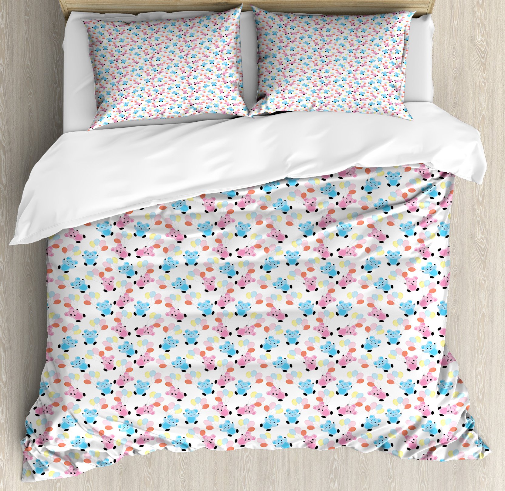 Ambesonne Cartoon Duvet Cover Set - Colorful Balloons & Happy Teddy Bears 3-Piece Queen Size Bedding Set with 2 Pillow Shams | Fun Kids Room Decor, Birthday Gift Idea for Boys & Girls (Pink & Blue)