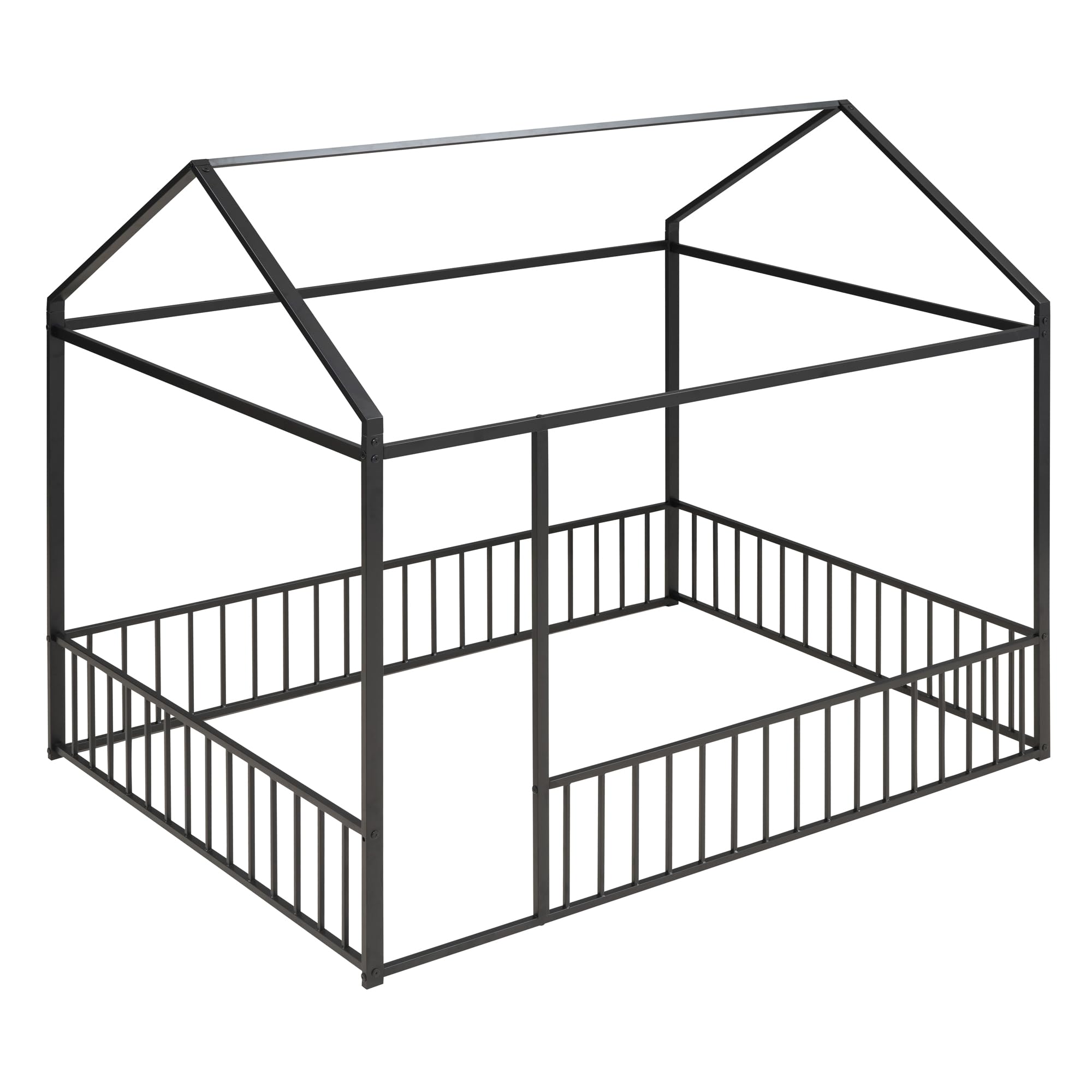 Montessori Floor Bed for Kids - Full Size Metal House Bed Frame with Safety Fence, Black Playhouse Toddler Bed for Boys & Girls - Perfect for Montessori Bedrooms, Playrooms & Safe Sleep Spaces