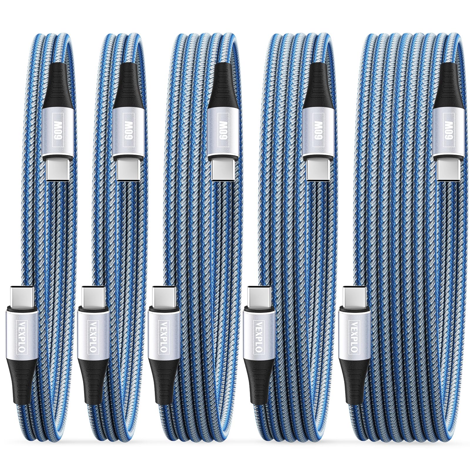 Fast Charging USB C to USB C Cable 10ft/6ft/3ft (5-Pack) - 60W Braided Type C Cable for Samsung Galaxy S24/S23/S22 & iPhone 15 Pro/Plus/Max - Durable Blue Nylon Cord for Home, Office & Travel Charging