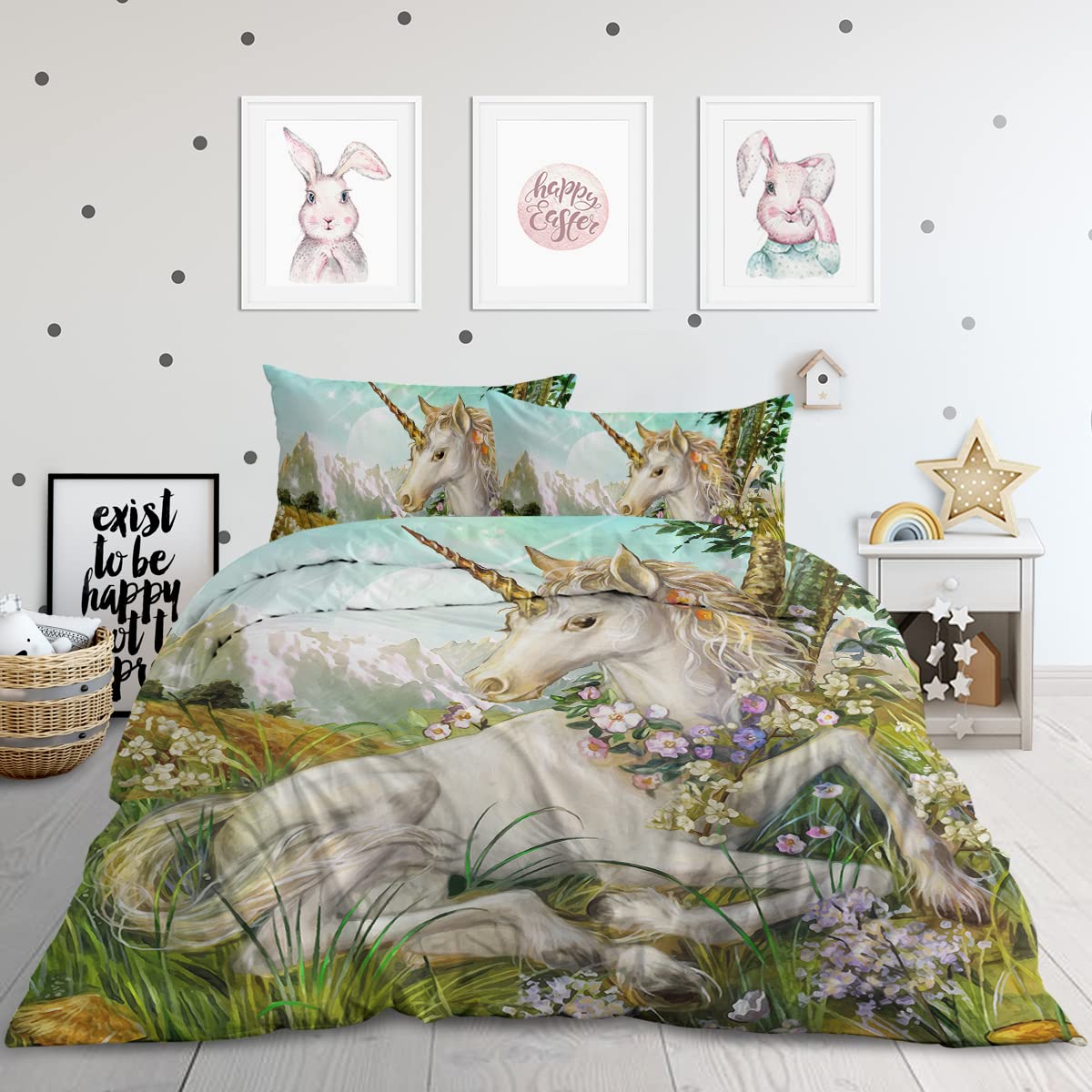 Sleepwish Unicorn Bedding Set - 3 Piece Queen Size Duvet Cover with Magical Horse & Flower Fairytale Design for Girls' Bedroom Decor | Perfect for Kids Room, Nursery, or Fantasy Themed Bedroom
