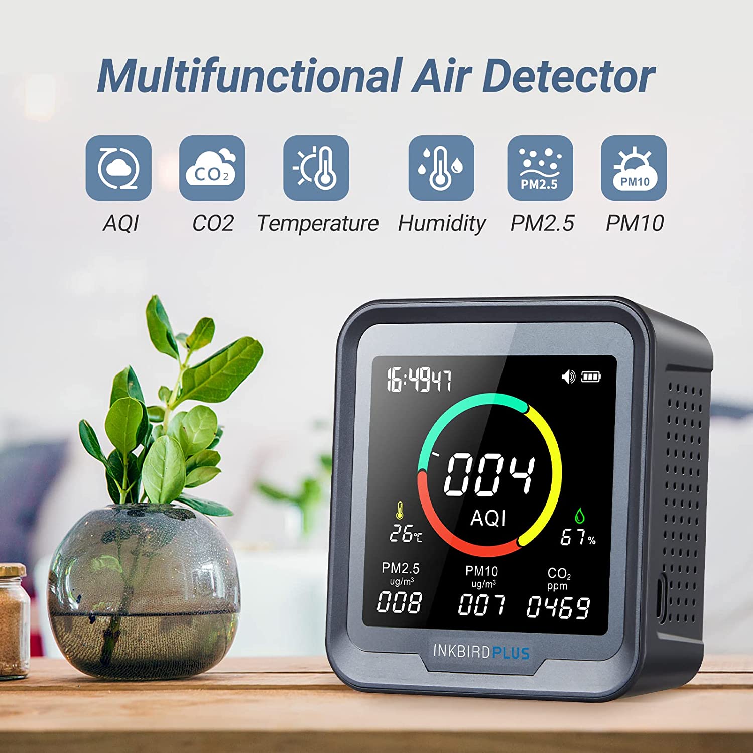 6-in-1 Digital CO2 Detector PTH 9A - Air Quality Monitor for Home, Office & Indoor Use - Tracks CO2, Temperature, Humidity & More