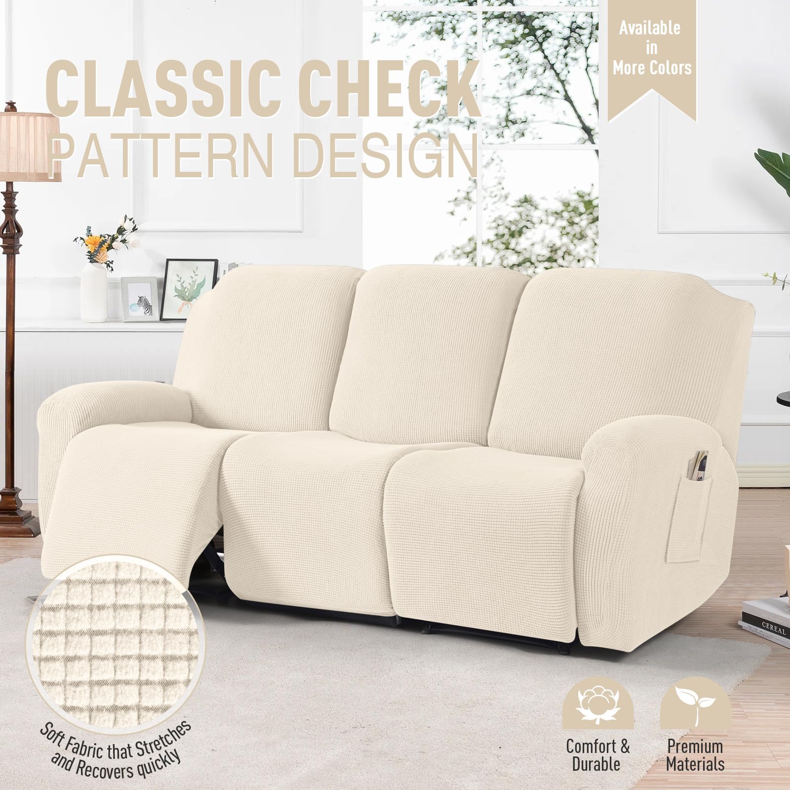TAOCOCO 8-Piece Stretch Recliner Sofa Cover Set - Soft Jacquard Fabric Slipcover for 3-Seat Reclining Couches, Furniture Protector in Beige | Perfect for Living Room, Home Theater & Family Gatherings