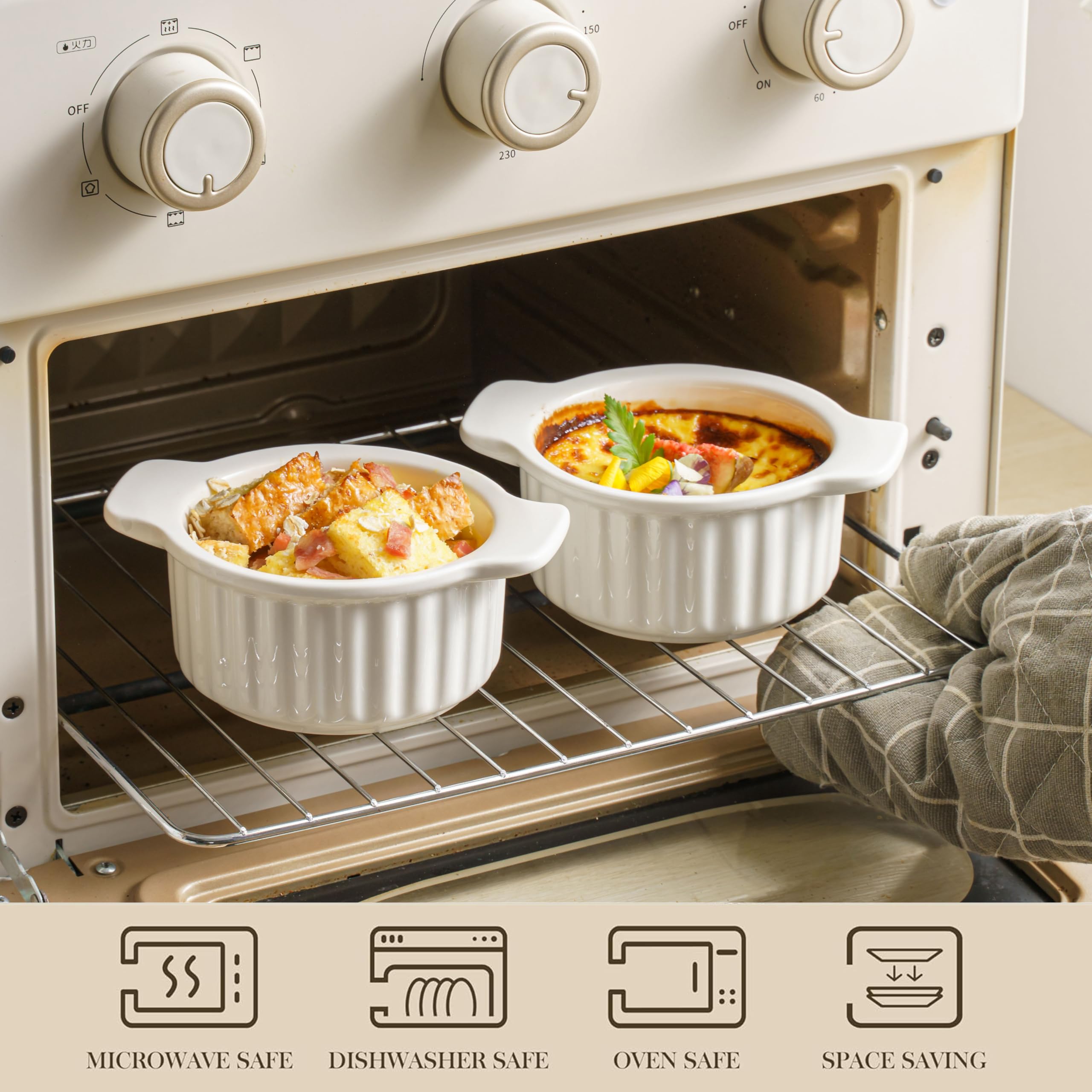 12 Oz French Onion Soup Bowls with Handles - Set of 6 Oven-Safe Ramekins for Beef Stew, Chili, Cereal & Dessert | Perfect for Baking, Serving & Entertaining