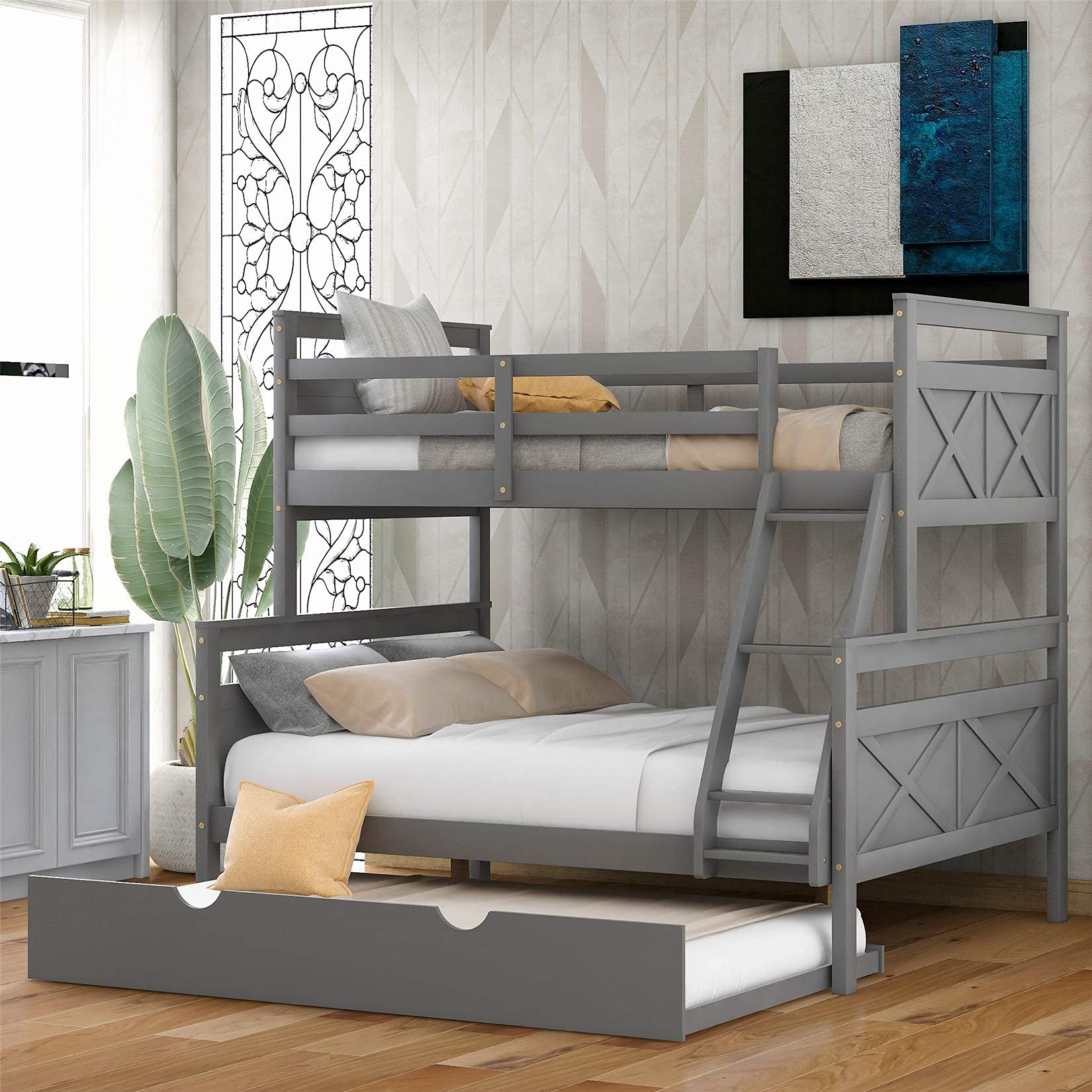 Twin Over Full Wood Bunk Bed with Trundle - Sturdy Wooden Bunk Bed Frame with Ladder & Safety Guardrail for Kids, Teens & Adults (Gray) - Perfect for Small Spaces, Guest Rooms & Kids' Bedrooms