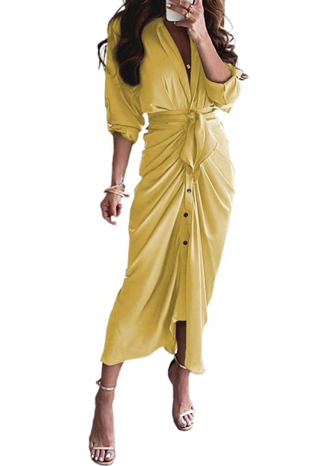 Falvurt Women's Ruched Long Sleeve Satin Wrap Maxi Dress - Elegant Button Down Shirt Dress for Work, Date Night & Special Occasions