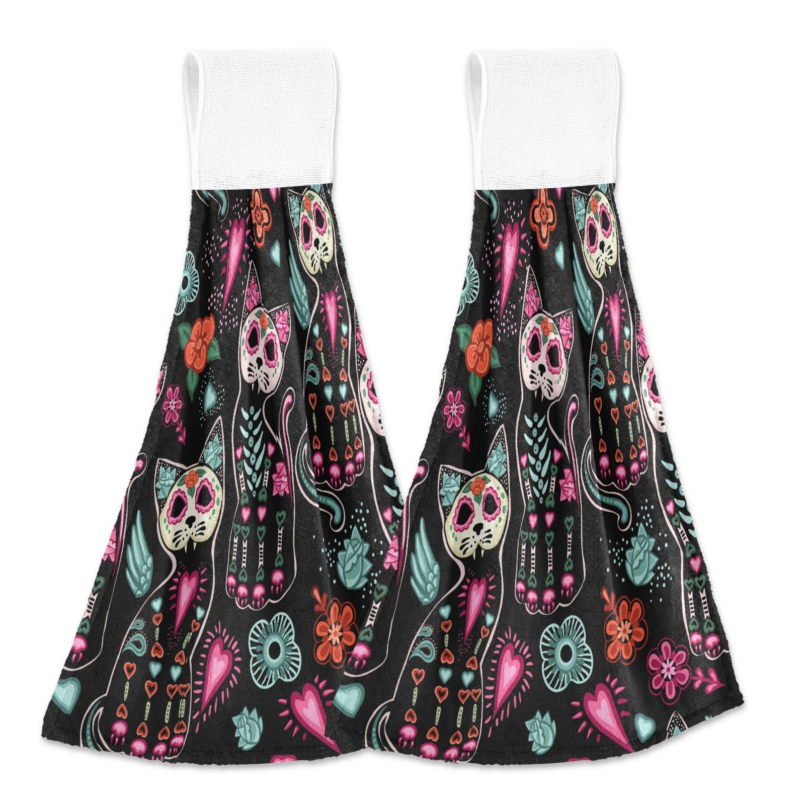 Halloween Cat Skeleton Hanging Kitchen Towels Set of 2 - Sugar Skull Floral Print Oven Mitt & Hand Towel for Kitchen, Bathroom Decor - Perfect for Halloween Party, Home Decor & Gift Giving