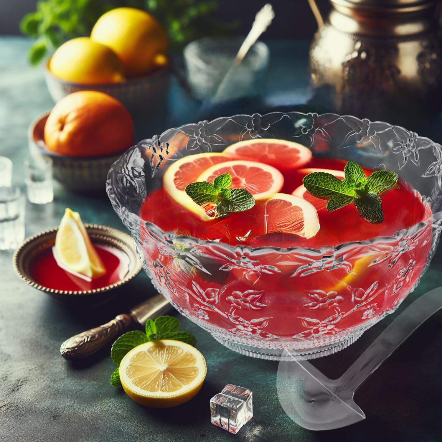 12-Quart Clear Hard Plastic Embossed Serving Bowl Set with Ladle, Tongs & 12 Stemless Wine Glasses - Perfect for Punch, Salad, Snacks & Treats at Parties, BBQs, Picnics & Family Gatherings