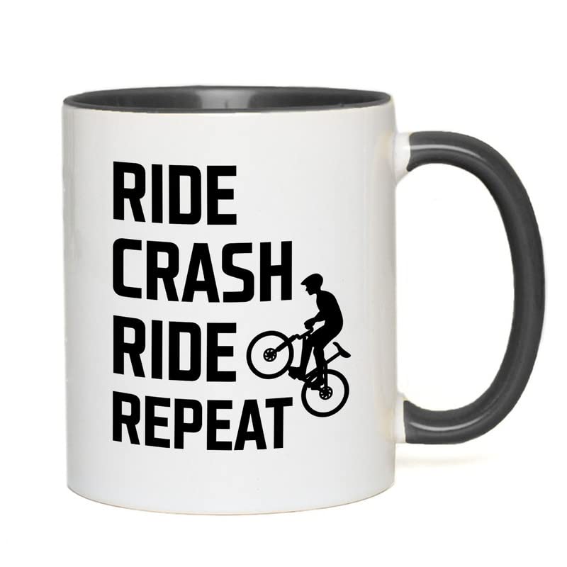 2-Tone Black 11oz Mountain Bike Coffee Mug - Ride Crash Ride Repeat - Perfect Gift for Dirt Bike, Bicycle & Road Cycling Enthusiasts - Ideal for Coffee Breaks, Office Use & Outdoor Adventures